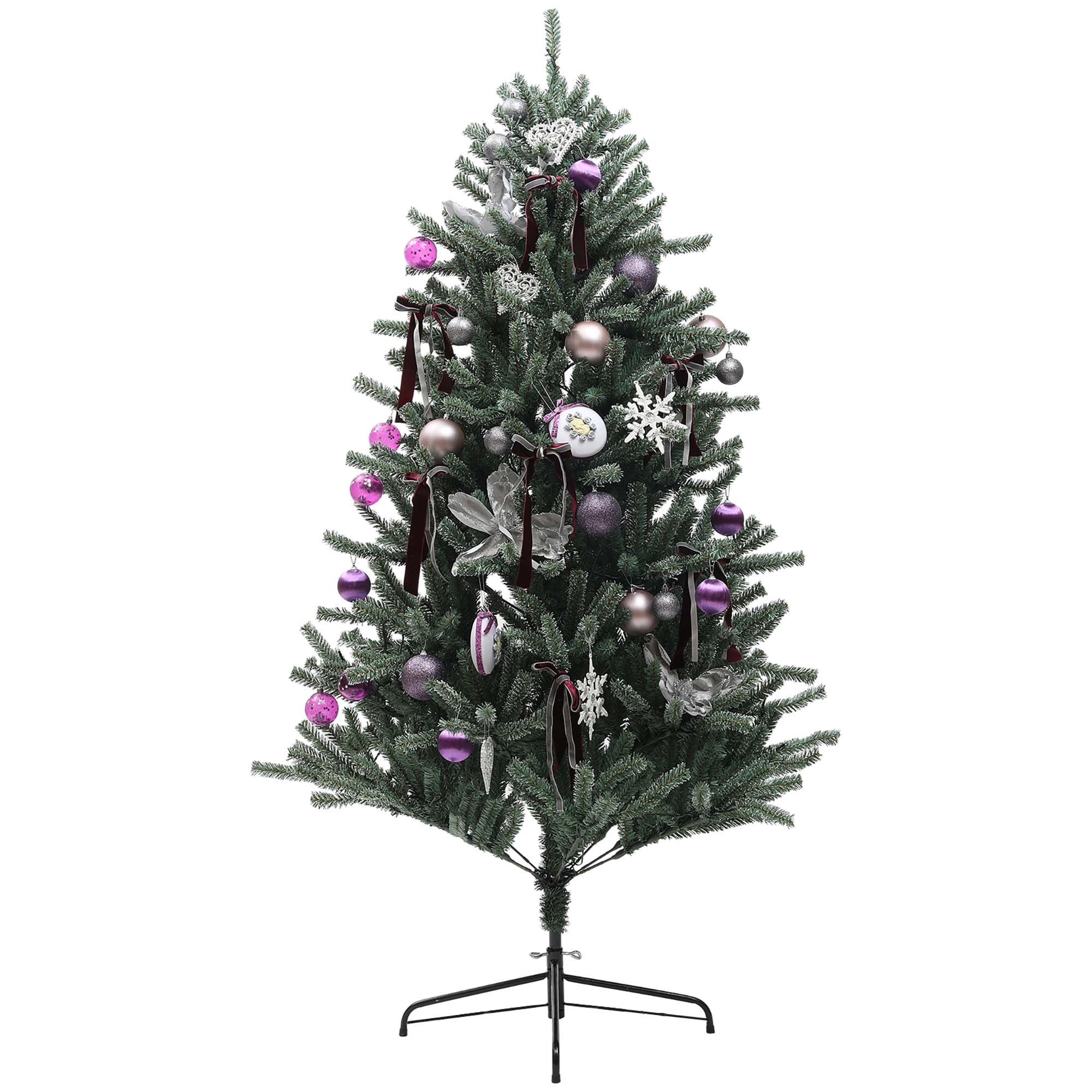 6ft artificial Christmas tree with green branches, adorned with purple ornaments, silver decorations, and LED lights, featuring a sturdy black metal stand.