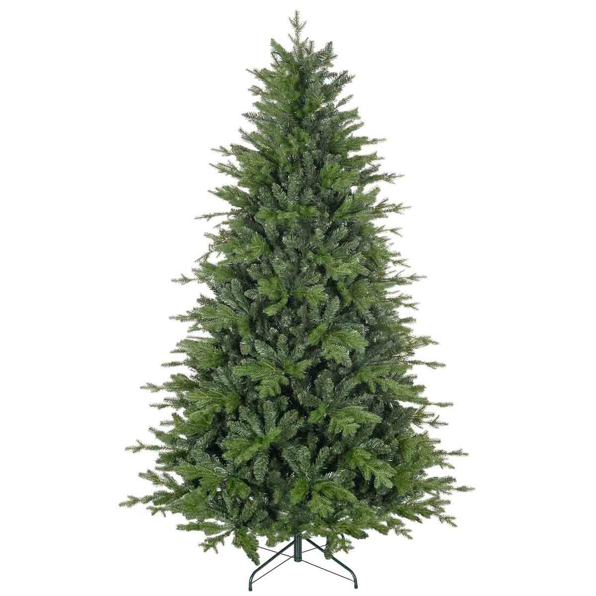 Artificial Christmas tree with a lush green design, hinged branches for easy setup, and a sturdy metal base, measuring 135cm x 135cm x 210cm.