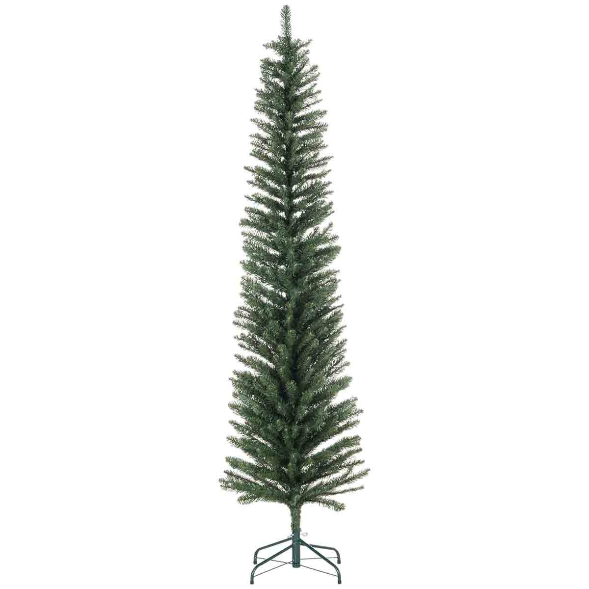 Tall green artificial pencil Christmas tree with a metal base, featuring dense foliage and a slim design, ideal for small spaces during the holiday season.
