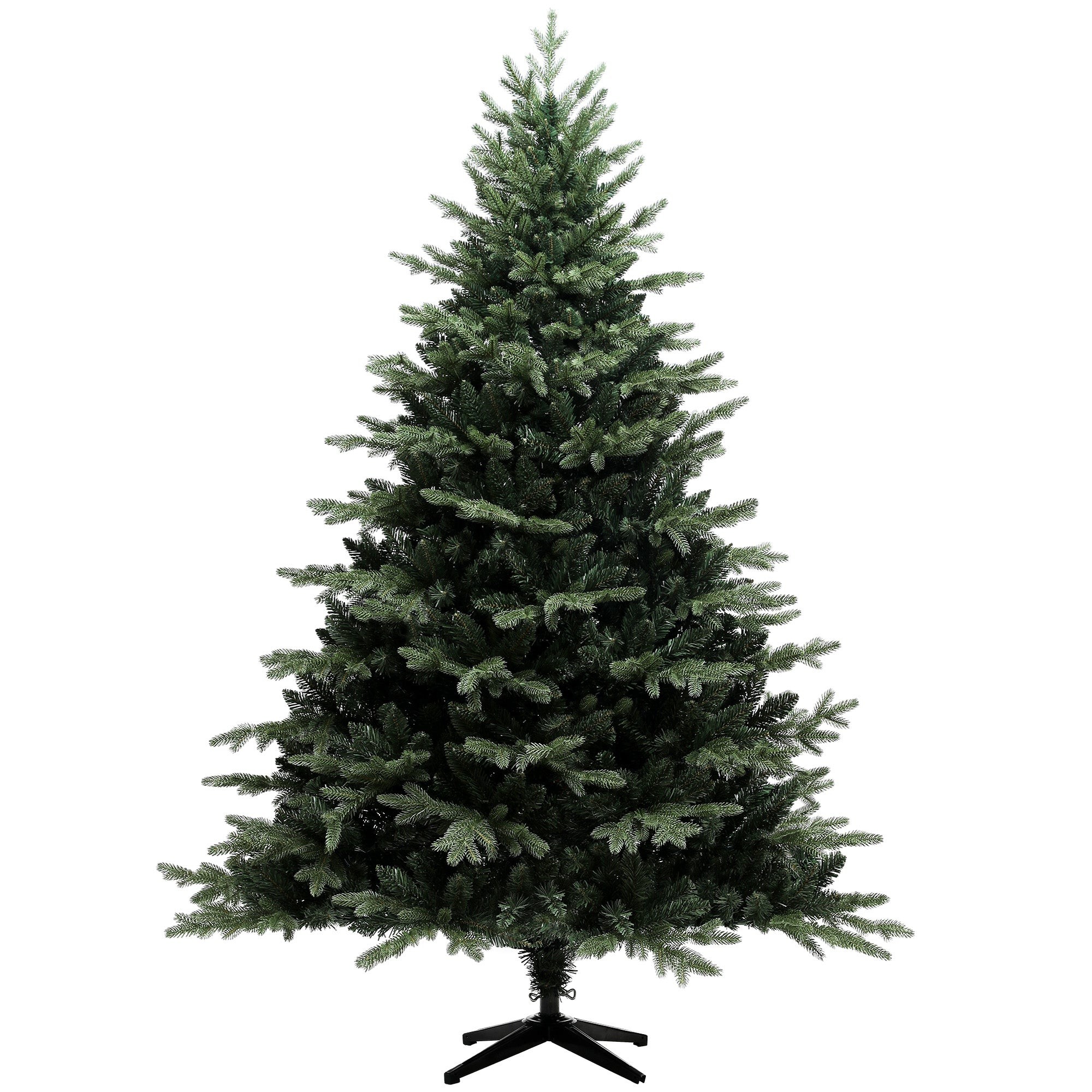 7ft artificial spruce Christmas tree with 3116 green branches, featuring a realistic design and a sturdy black metal stand for support.