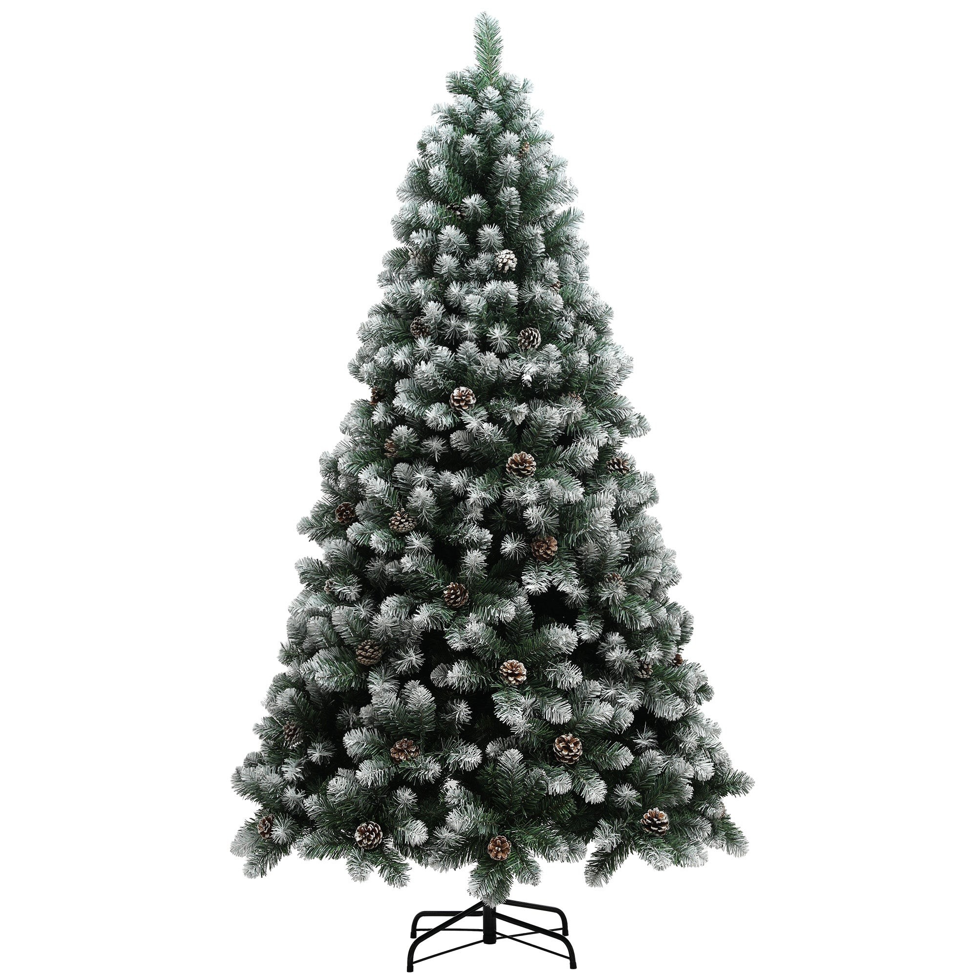 7ft artificial pine Christmas tree in green, featuring frosted branches and pinecones, supported by a sturdy black steel base.