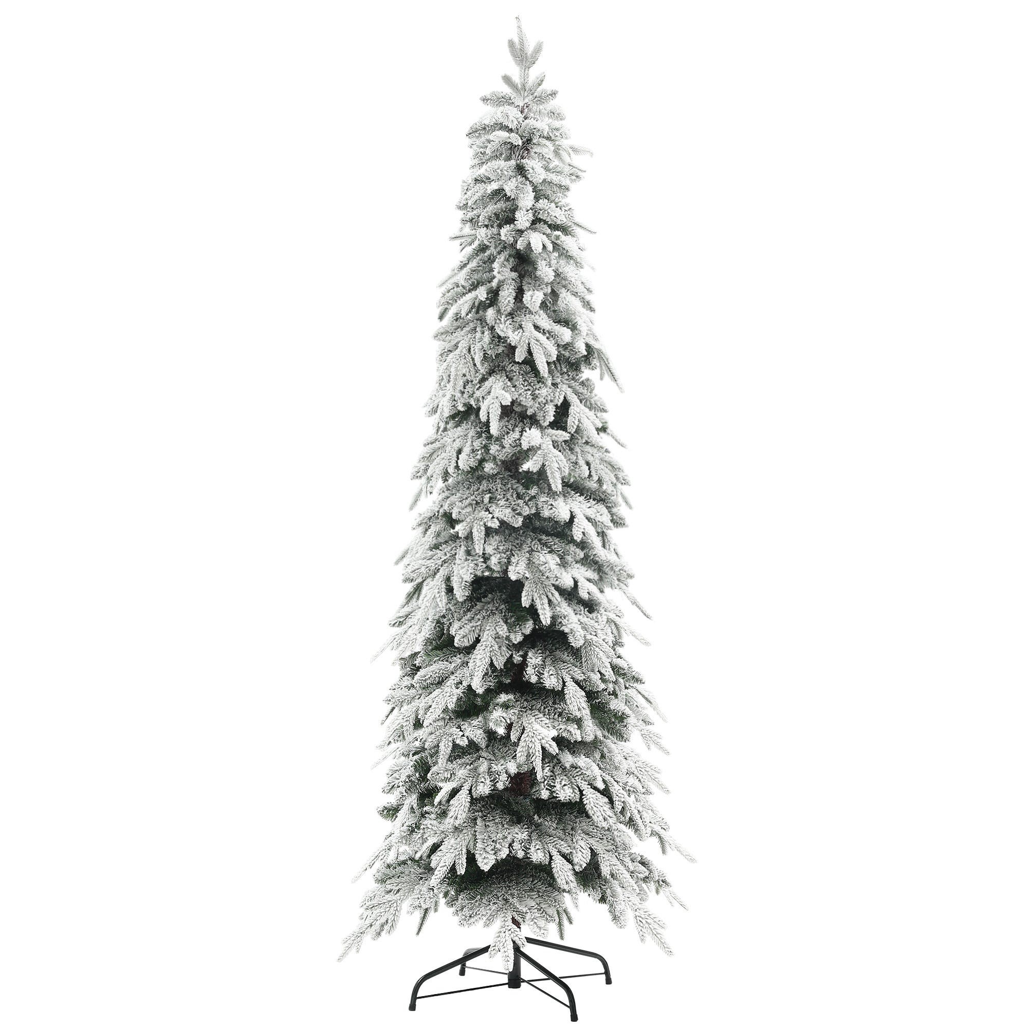 7ft green flocked pencil artificial Christmas tree with a steel base, featuring a slim design and snow-like tips for a festive appearance.