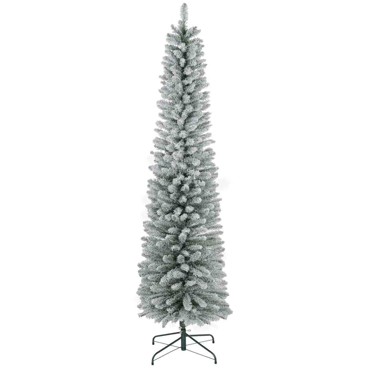 7ft tall artificial pencil Christmas tree in white with a fluffy, snowy appearance and a sturdy metal base, perfect for festive holiday decor.