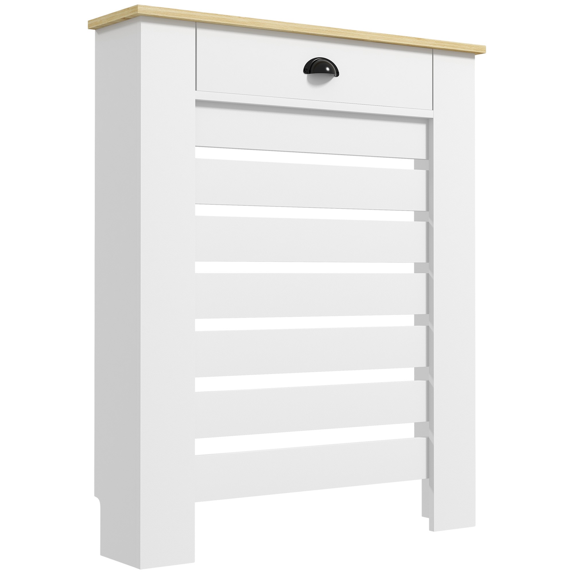 White radiator cover with a natural wood top, featuring a single drawer with a black handle and slatted design for ventilation, measuring 95.5H x 78W cm.