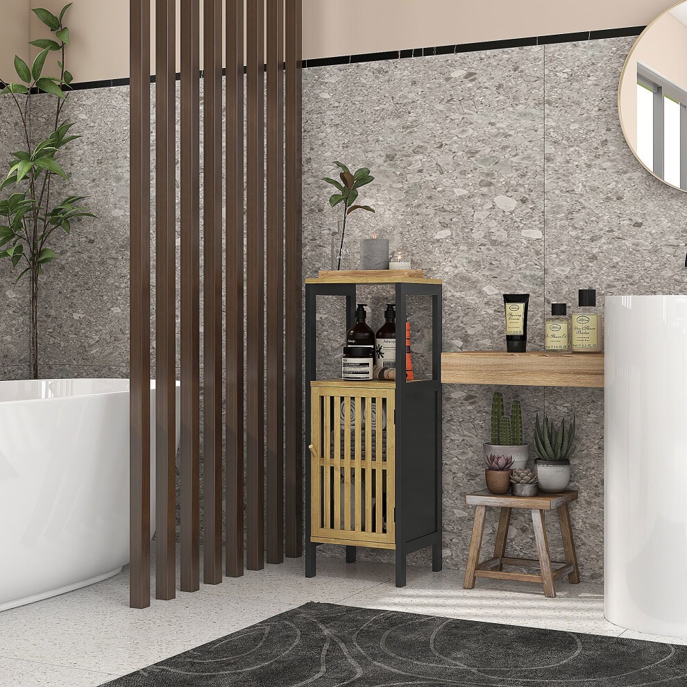 Black HOMCOM bathroom floor cabinet with an adjustable shelf, featuring a wooden door and sleek design, positioned in a modern bathroom setting with plants and decor.