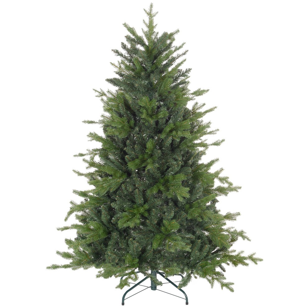 Artificial Christmas tree with a full green design, hinged branches for easy assembly, and a sturdy metal base, measuring 105cm x 105cm x 150cm.