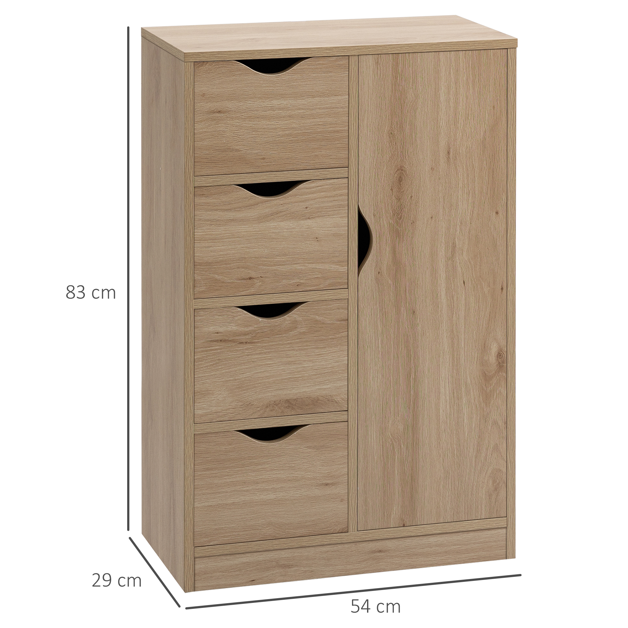 HOMCOM Bathroom Cabinet, Freestanding Storage Cabinet with 4 Drawers, Door Cupboard for Living Room, Kitchen, Bedroom, Natural - image 3