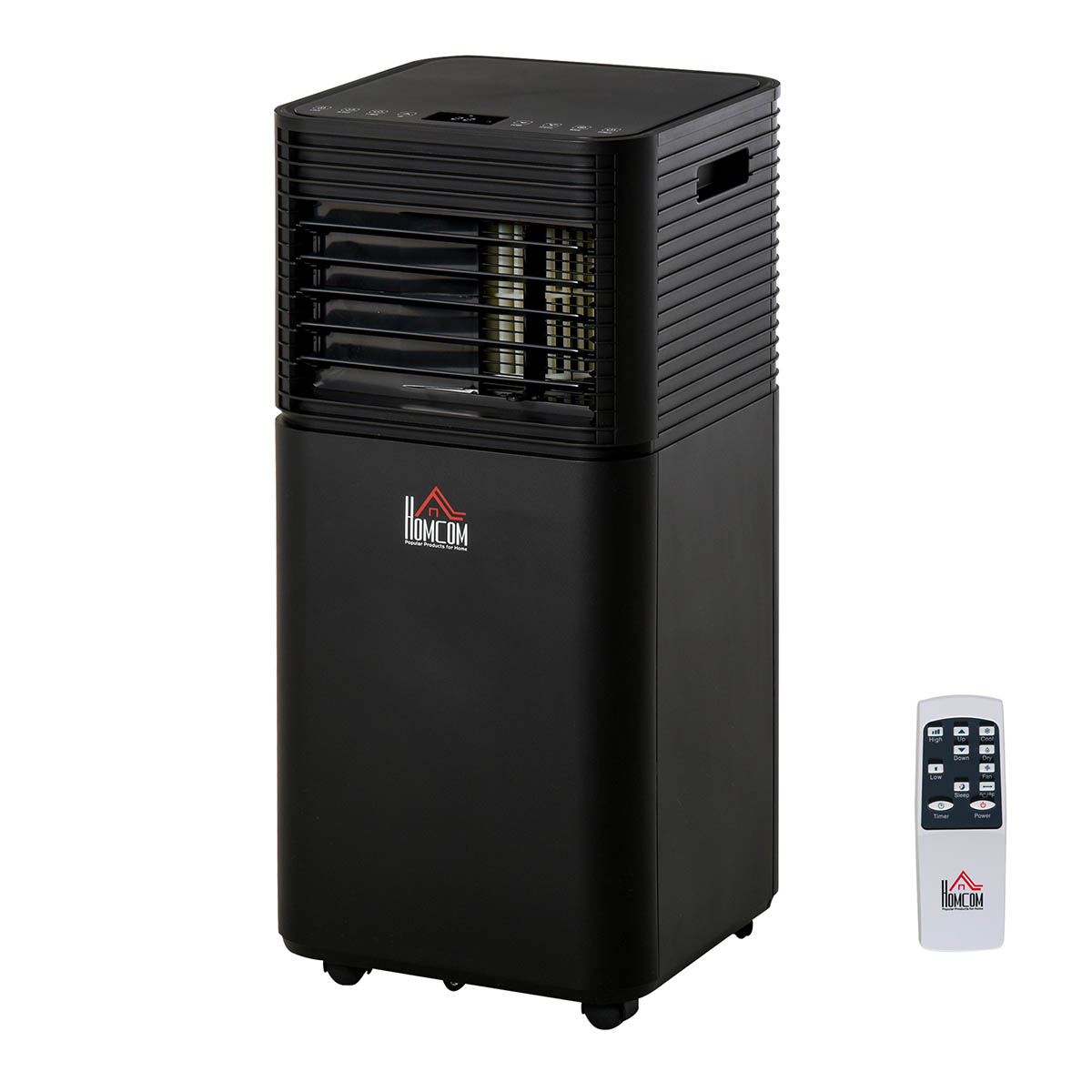 Portable black air conditioner with a sleek design, LED display, four modes, and a remote control, featuring a 24-hour timer and ventilation slats on the front.