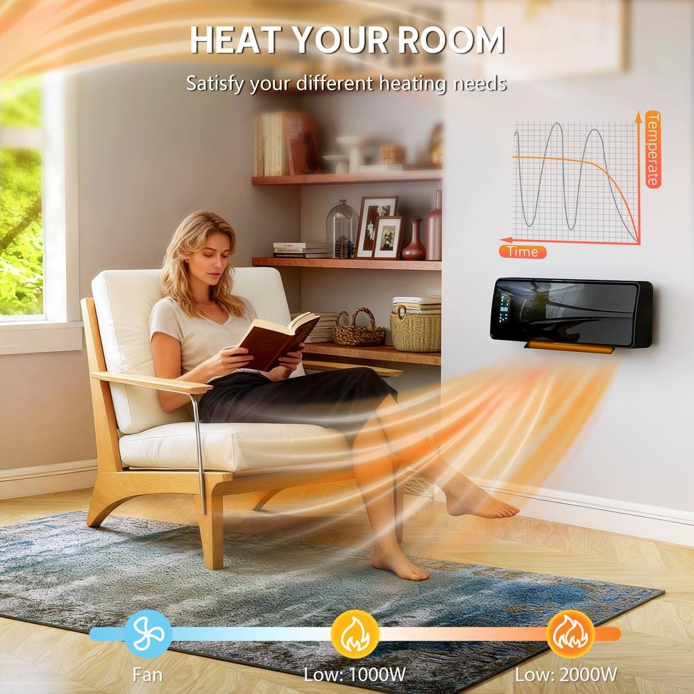 HOMCOM Black Ceramic Electric Wall Fan Heater with Timer and Remote 54cm 2000W - image 5