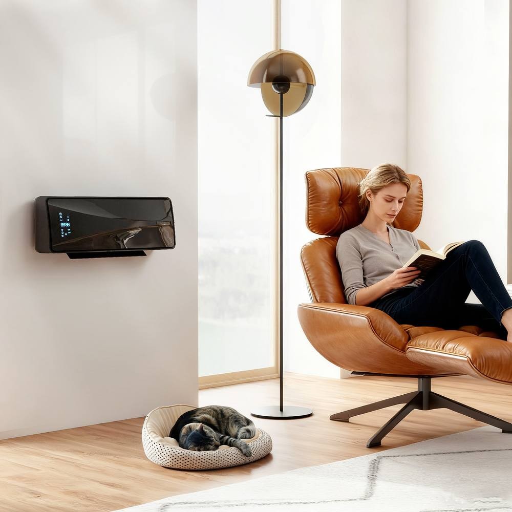 Black wall-mounted ceramic space heater with a sleek design, digital display, and fan feature, positioned near a cozy reading area with a woman in a leather chair and a cat in a bed.