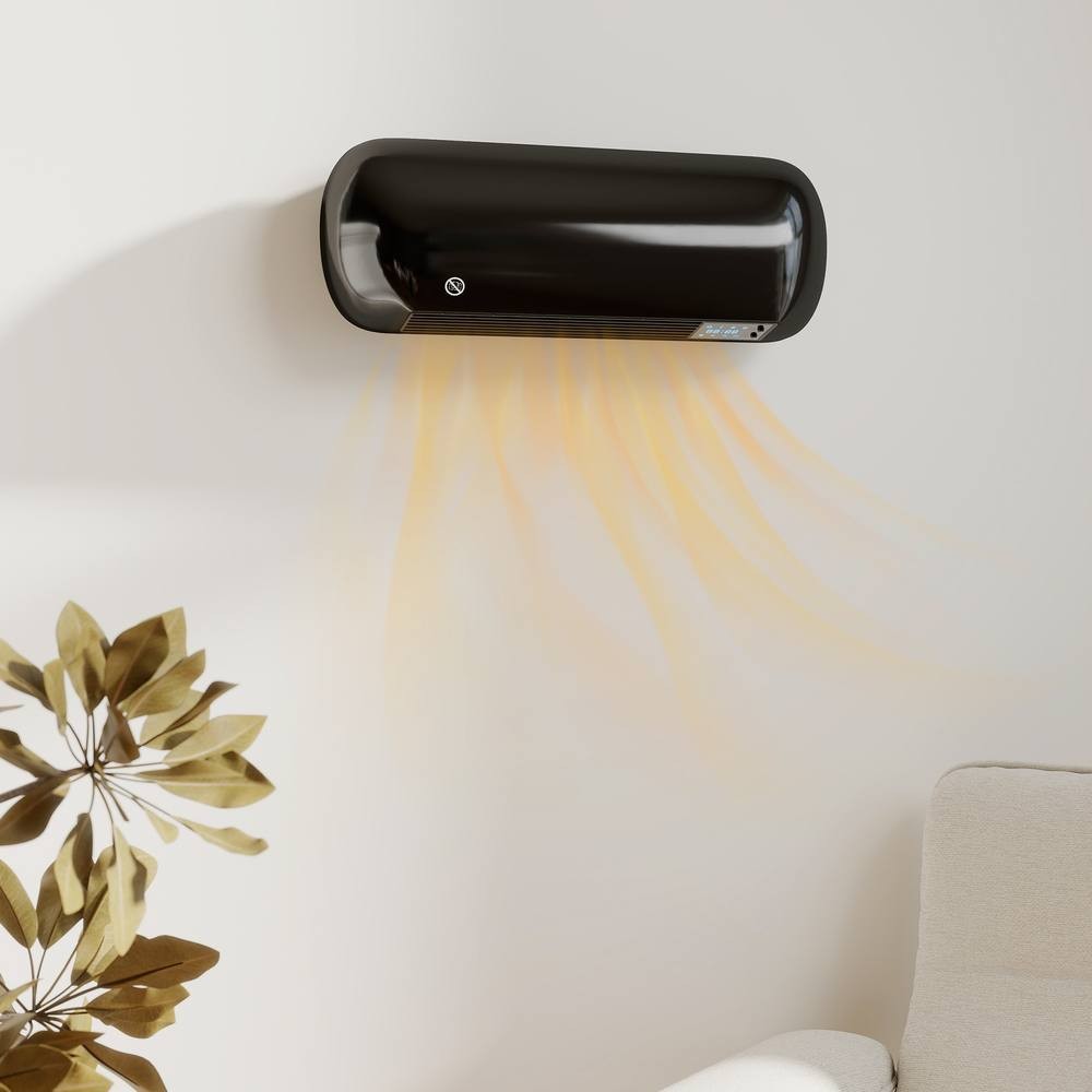 Black ceramic electric heater mounted on a wall, featuring a sleek design, 2000W power, and a fan, with warm air visible flowing from it, alongside a plant and couch.