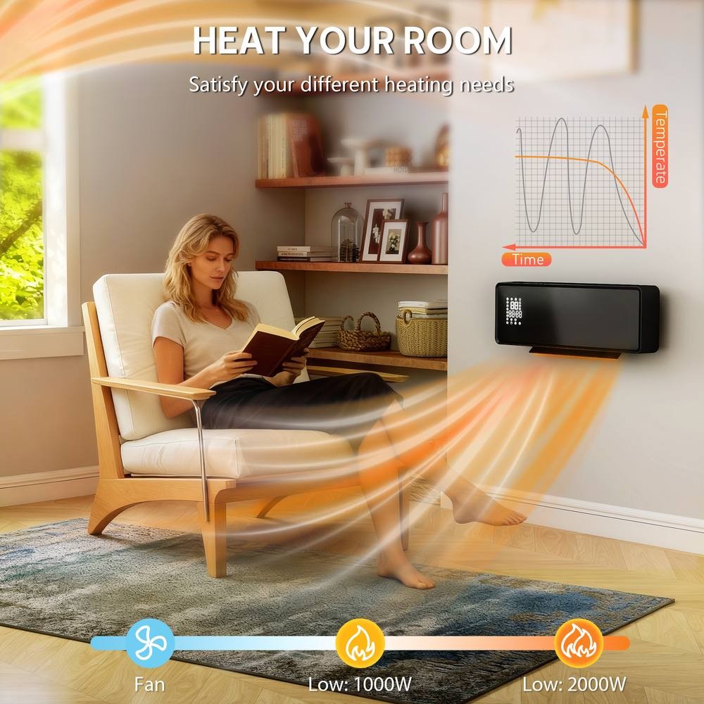 HOMCOM Black Wall Mounted Ceramic Electric Fan Heater with Timer and Remote 54cm 2000W - image 5