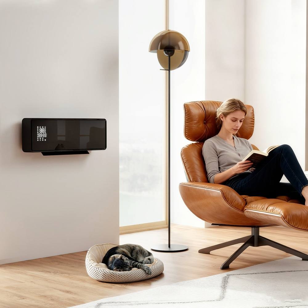 Black wall-mounted Homcom 2000W ceramic space heater with fan, beside a modern brown armchair, featuring a woman reading and a cat resting in a cozy bed on the floor.