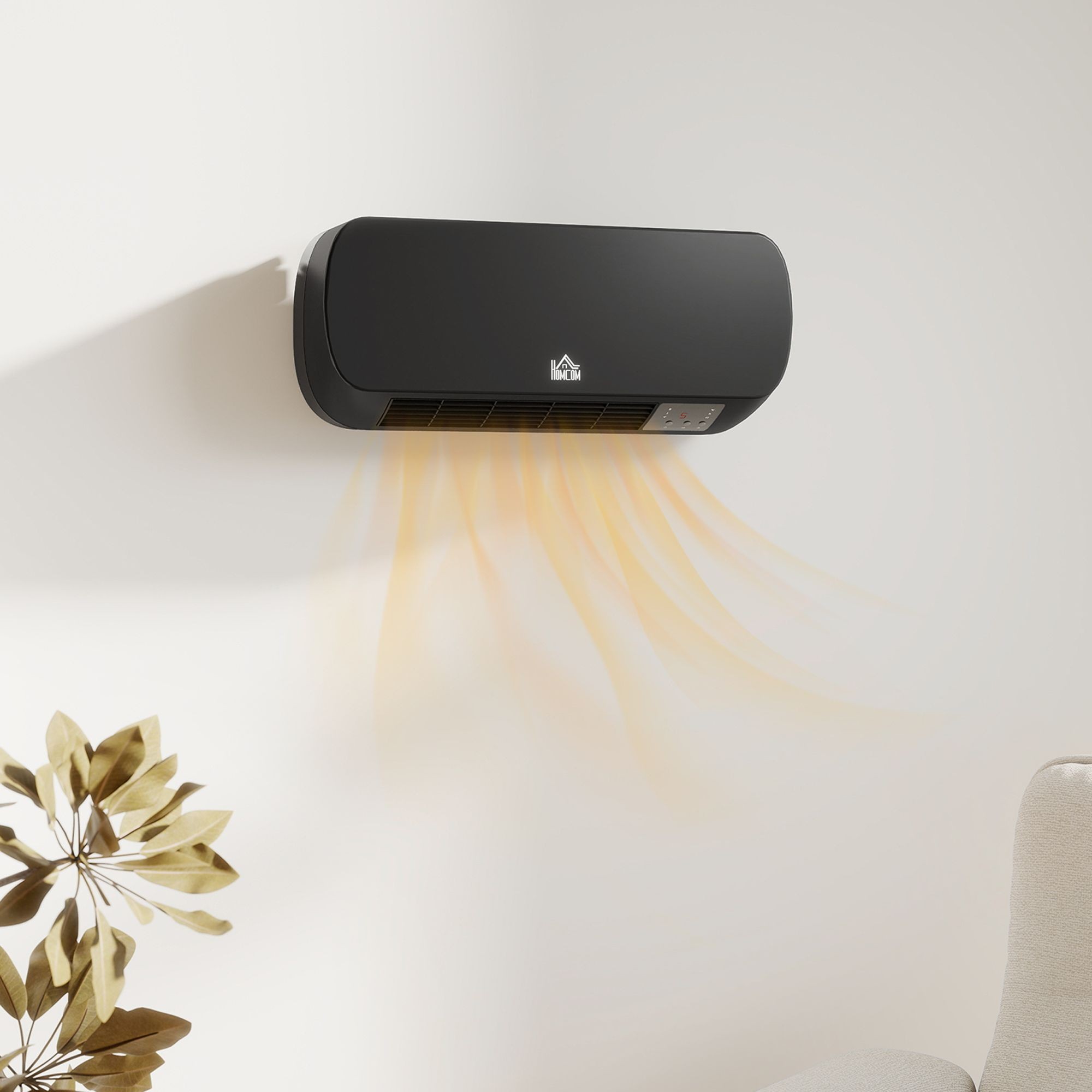Wall-mounted black electric heater with a sleek design, featuring a timer and overheat protection, emitting warm air, placed on a light-colored wall near a plant and a sofa.
