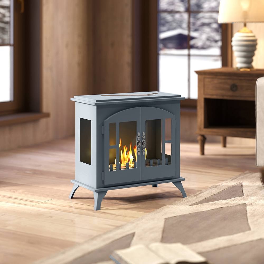 Grey Homcom ethanol fireplace with a 0.9L tank, featuring glass doors, a decorative flame design, and a cozy, modern aesthetic, set in a warm wooden interior.