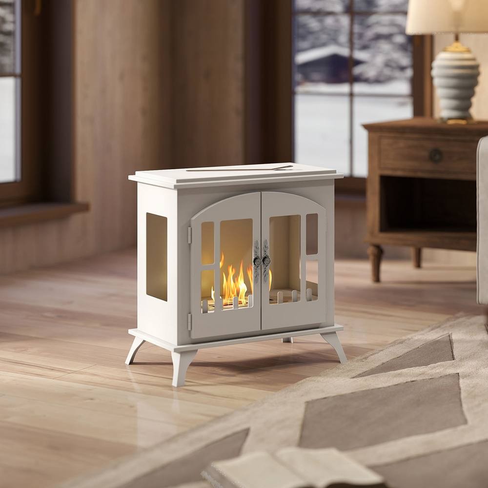 White Homcom ethanol fireplace with a 0.9L tank, featuring glass doors and a visible flame, set in a cozy room with wooden floors and furniture.