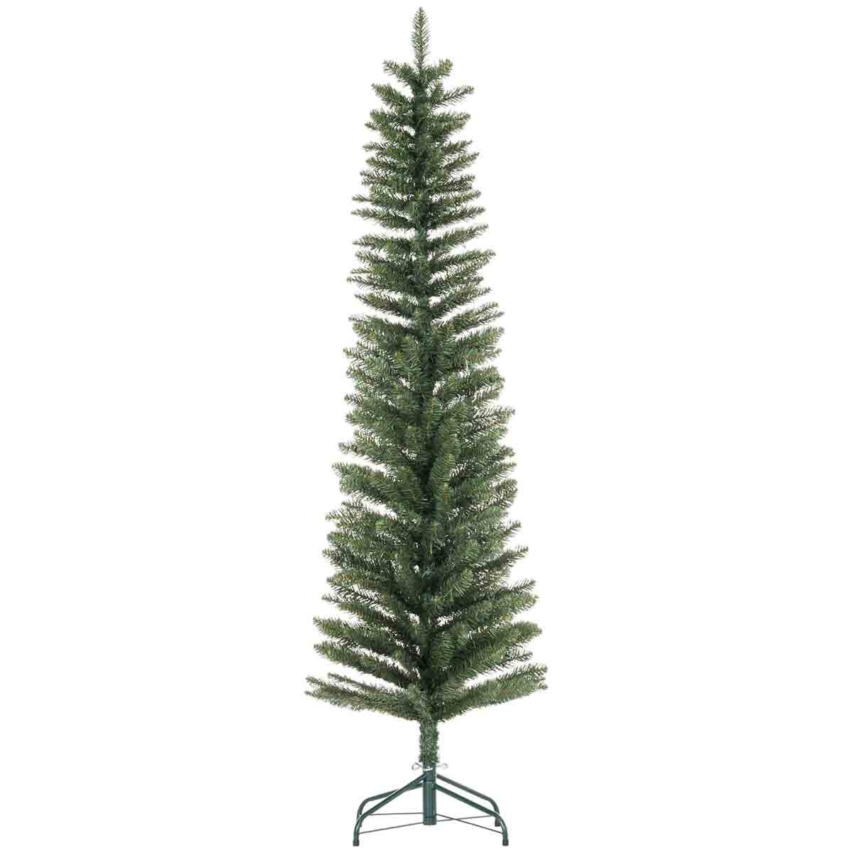 Tall, green artificial pencil Christmas tree with a metal base, featuring slender branches for a modern look, ideal for festive decoration in smaller spaces.