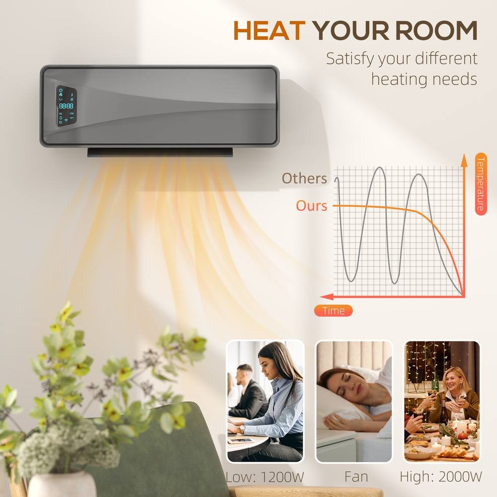 HOMCOM Grey Ceramic Electric Wall Fan Heater with Timer and Remote 54cm 2000W - image 5