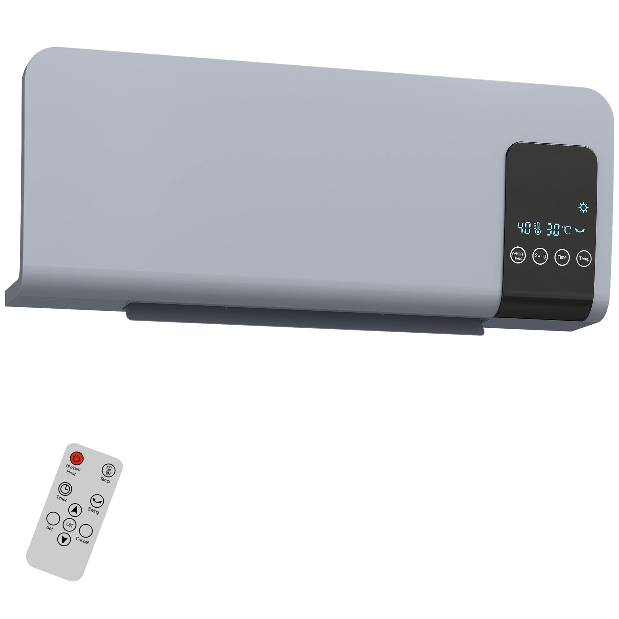 Grey wall-mounted ceramic heater with a sleek design, featuring a digital display and control panel, accompanied by a remote control for convenient operation.