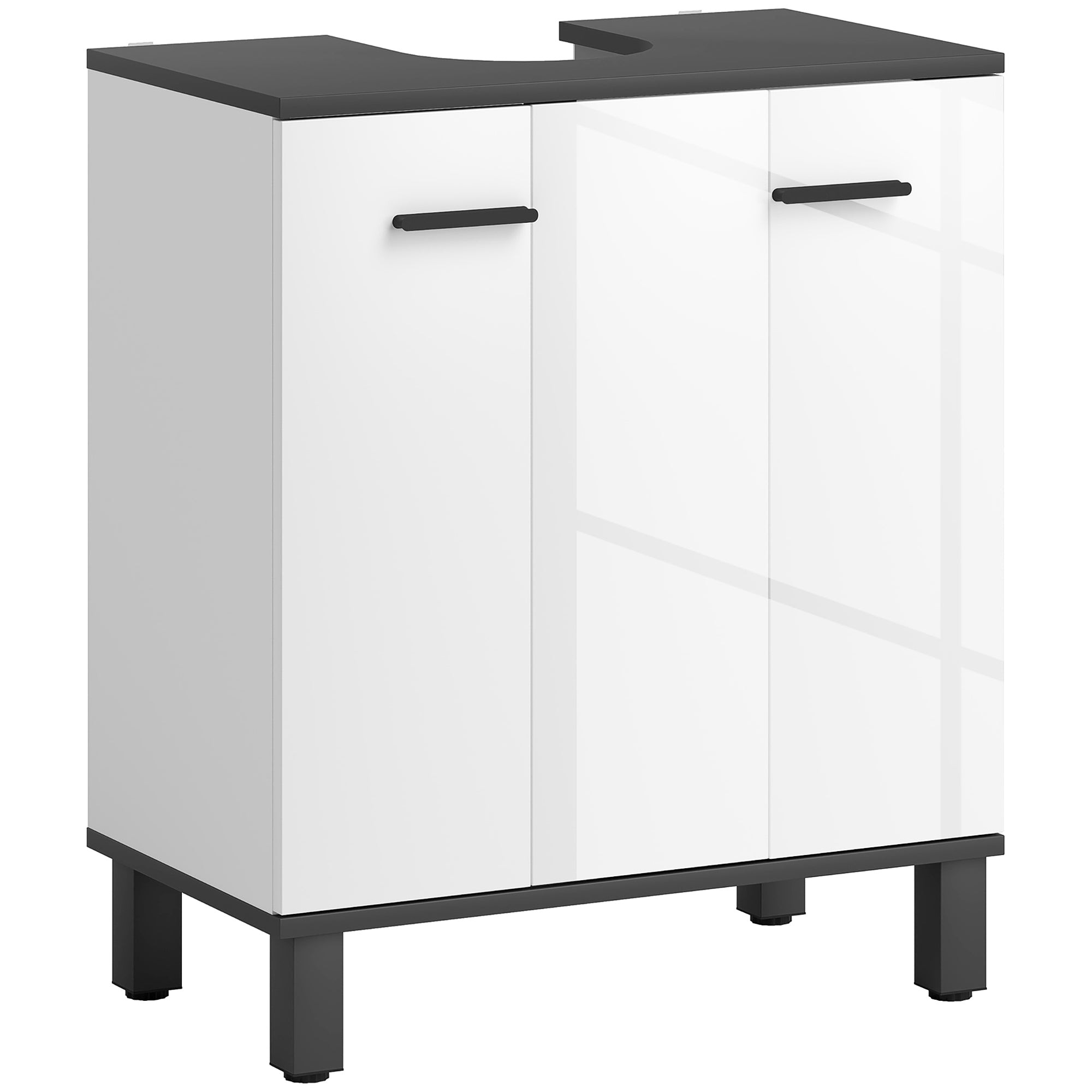 High gloss white bathroom under sink cabinet with two doors, adjustable shelf, black top, and sleek black handles, designed for stylish and functional storage.