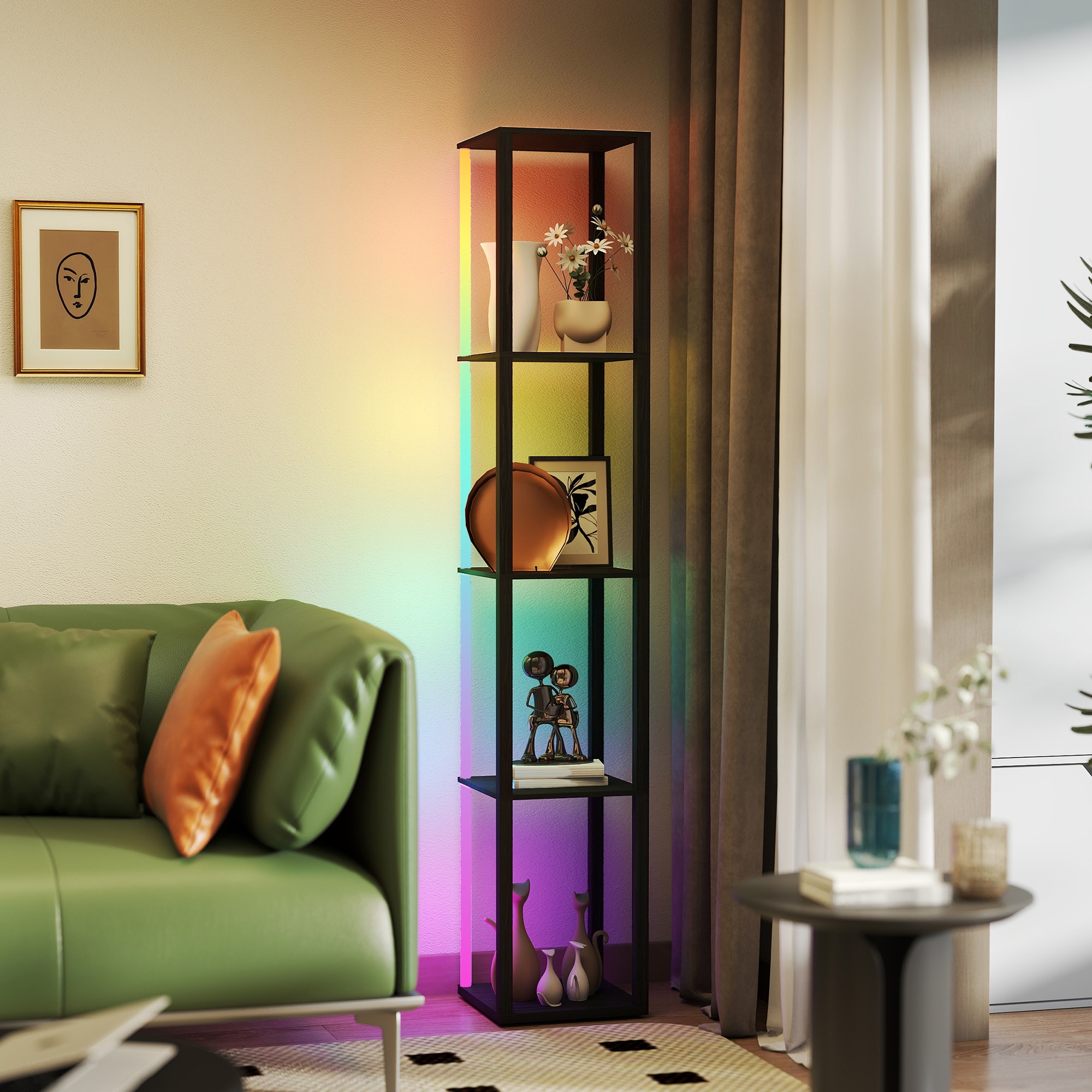HOMCOM RGB LED Floor Lamp with Shelves, Modern Dimmable Standing Lamp with Remote Control, Adjustable Brightness & Speed for Living Room, Bedroom, Office, Black - image 2
