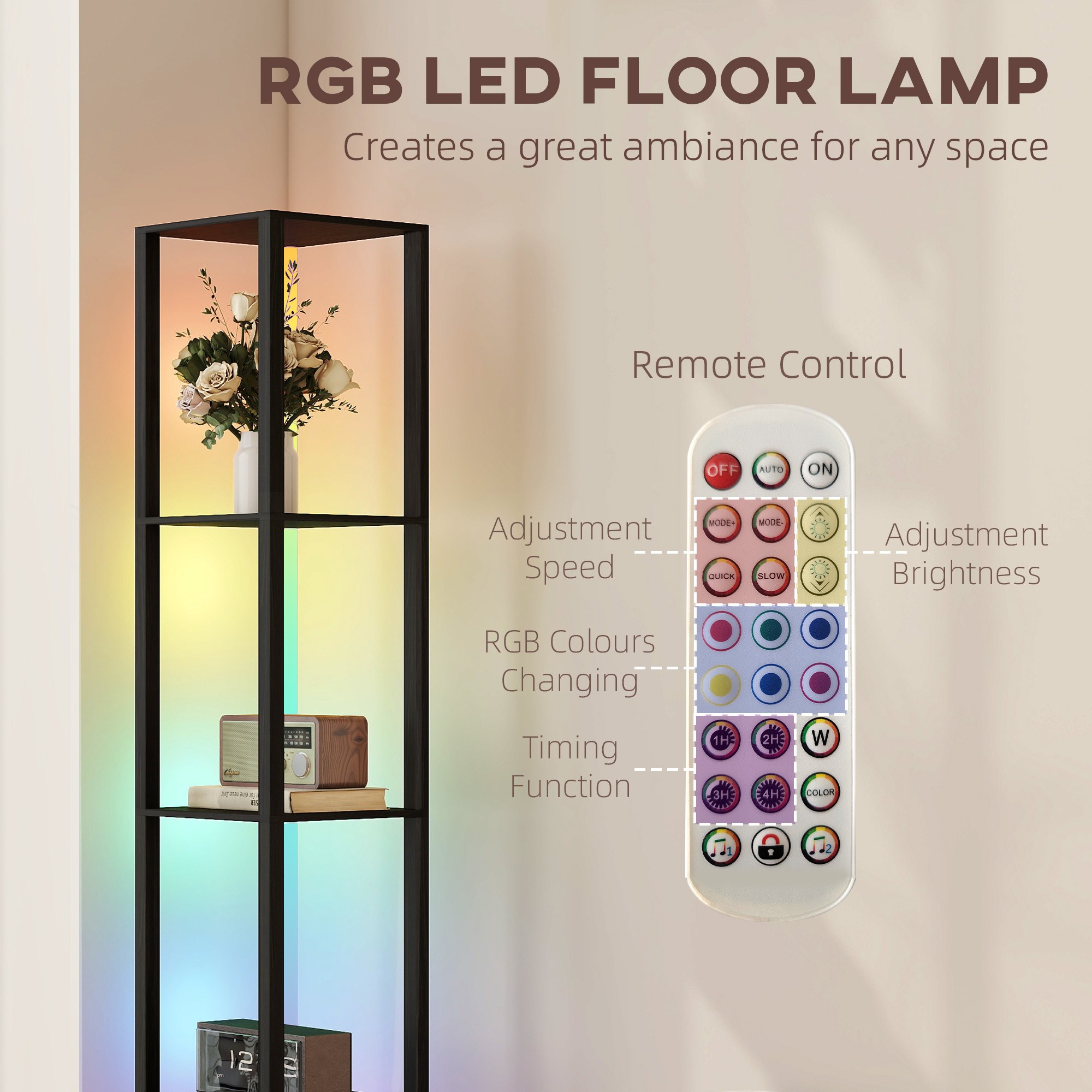HOMCOM RGB LED Floor Lamp with Shelves, Modern Dimmable Standing Lamp with Remote Control, Adjustable Brightness & Speed for Living Room, Bedroom, Office, Black - image 4