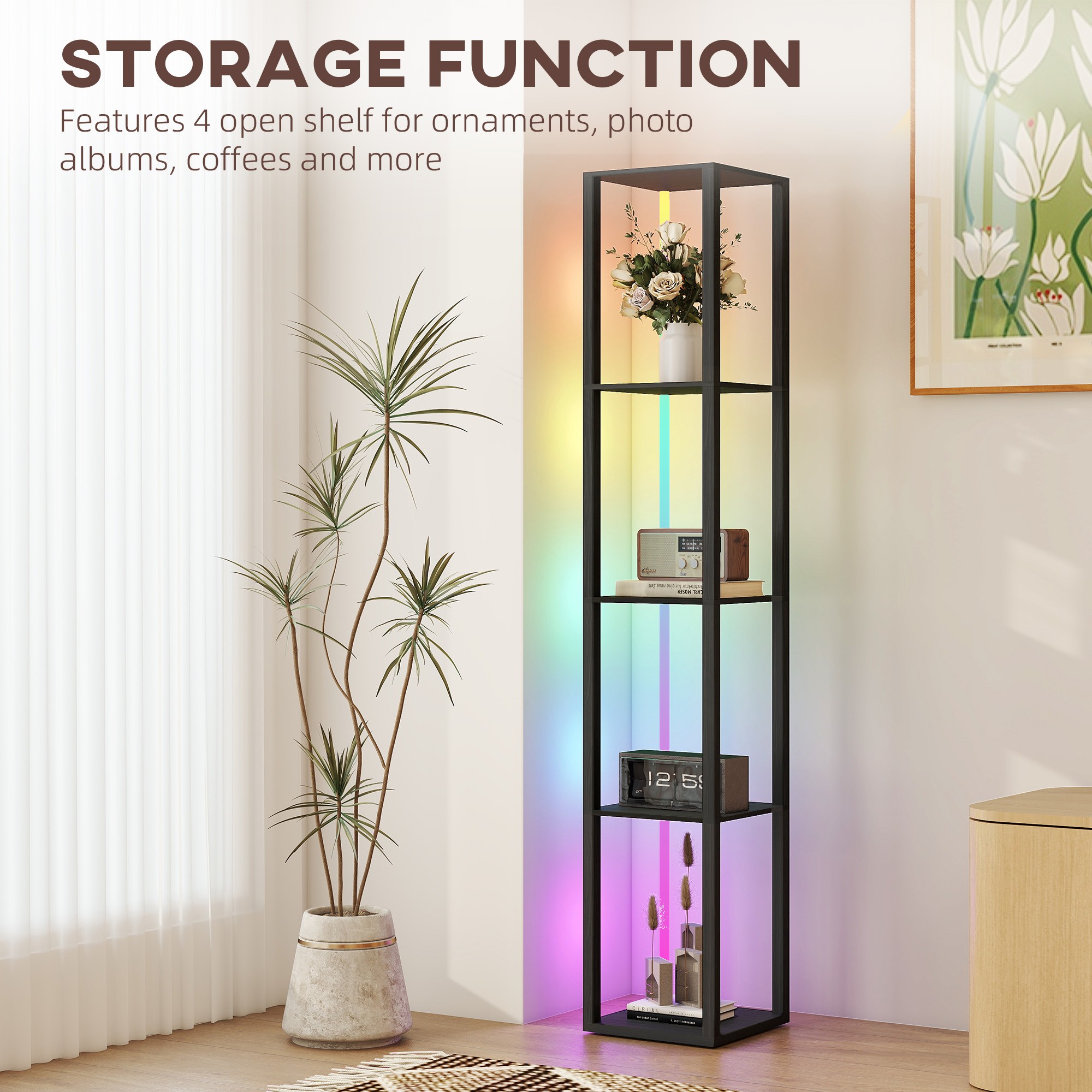 HOMCOM RGB LED Floor Lamp with Shelves, Modern Dimmable Standing Lamp with Remote Control, Adjustable Brightness & Speed for Living Room, Bedroom, Office, Black - image 5