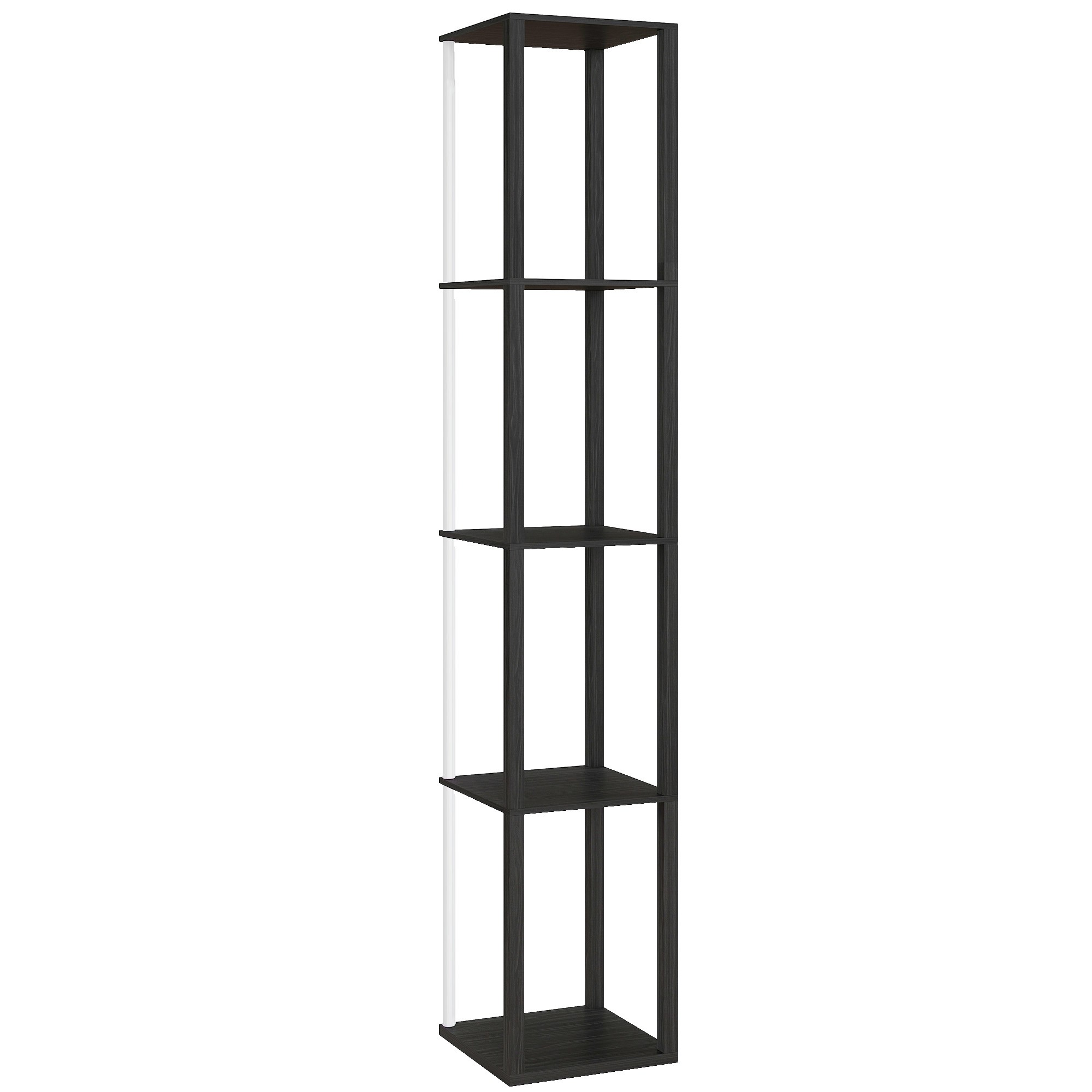 Modern black RGB LED floor lamp with four shelves, featuring a sleek design, adjustable brightness and speed, and a remote control for convenience.
