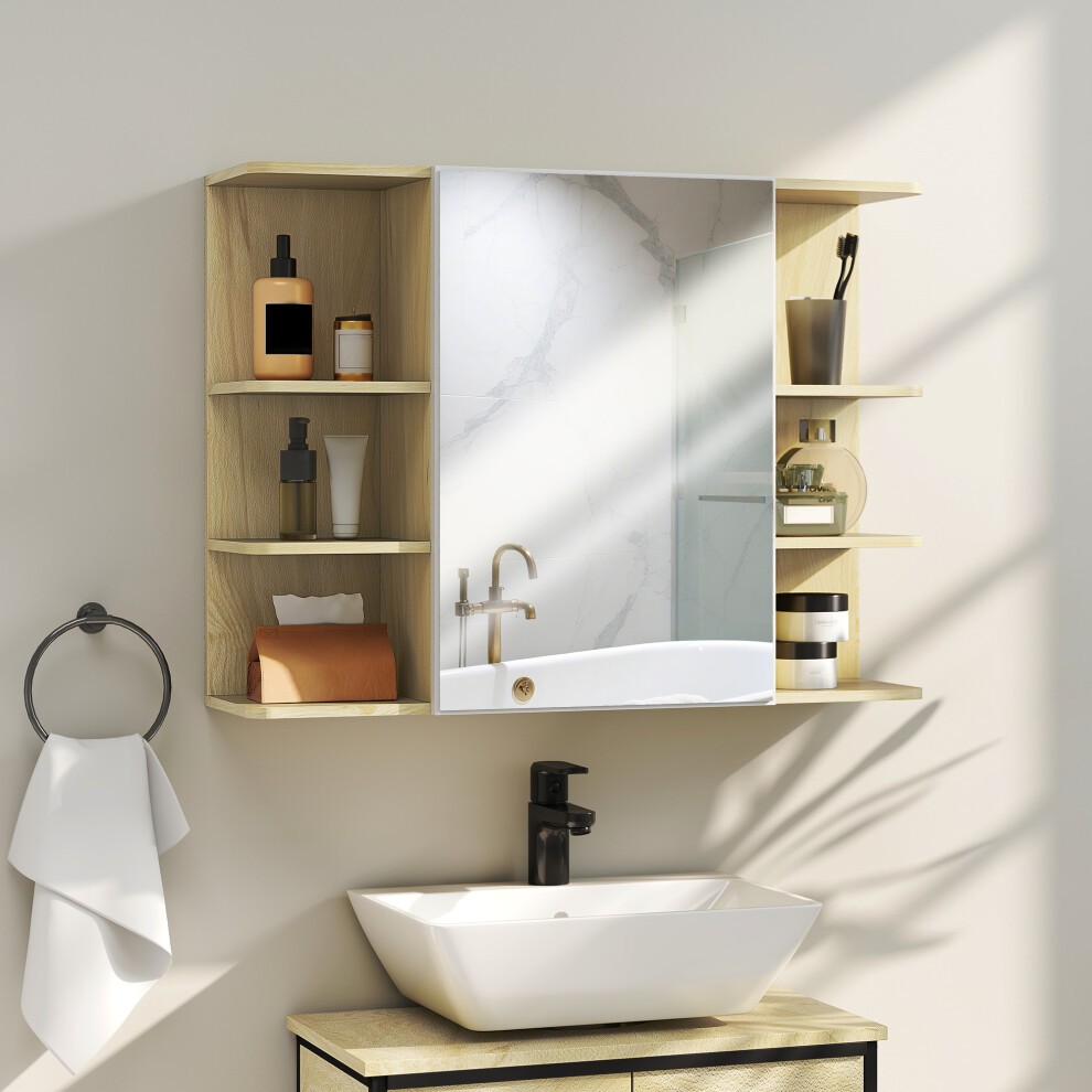 Natural wood bathroom wall cabinet featuring a central mirror, open storage shelves, and sleek black faucet, complemented by various toiletries and a towel holder.