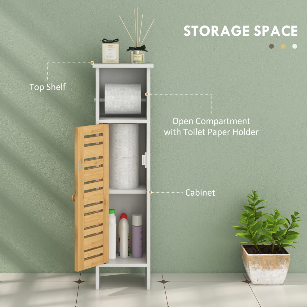 HOMCOM Single Door White Slim Bamboo Bathroom Cabinet with Toilet Paper Holder - image 3