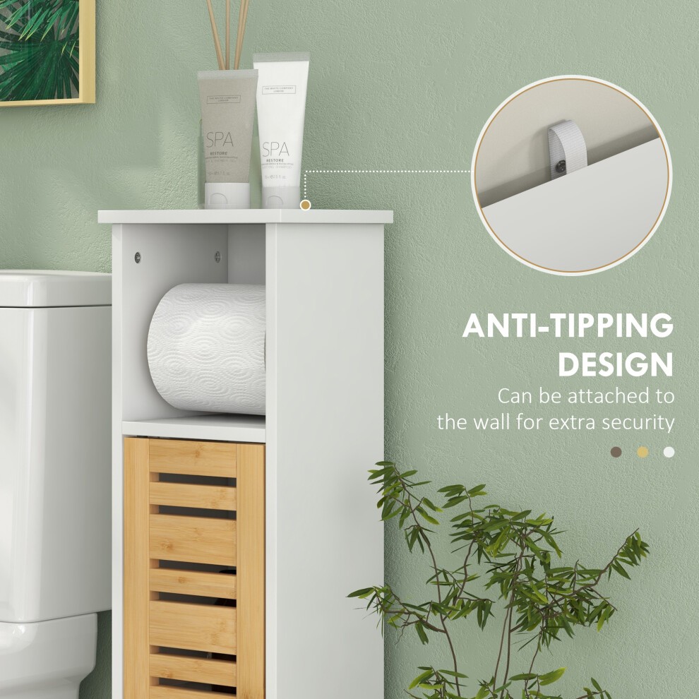 HOMCOM Single Door White Slim Bamboo Bathroom Cabinet with Toilet Paper Holder - image 5