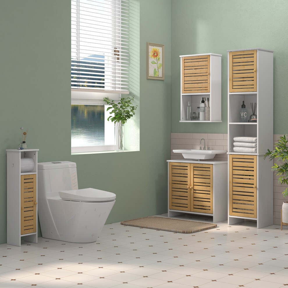 Slim white bathroom cabinet with adjustable shelves and wooden slatted doors, complemented by a matching unit, set against a green wall and bright window.