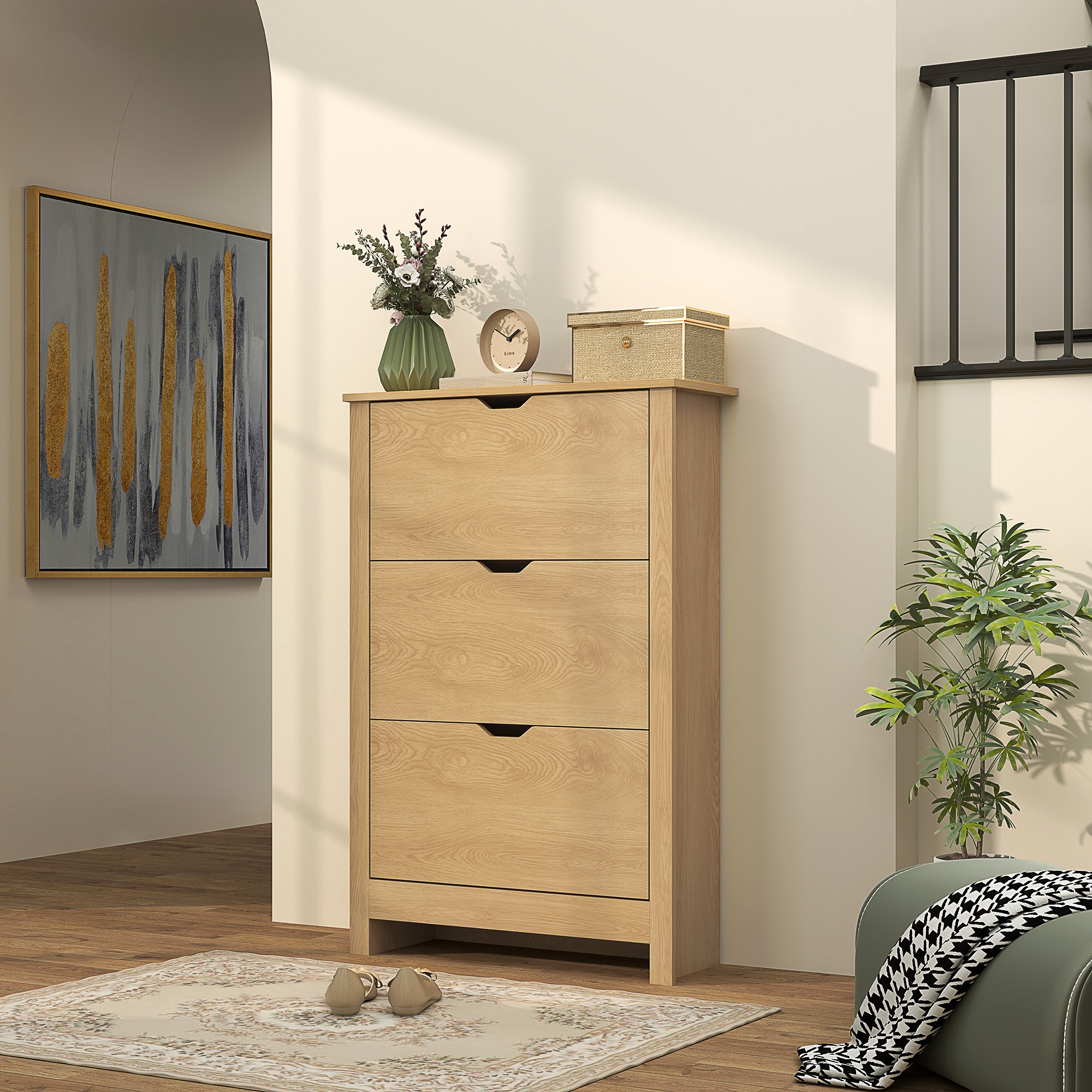 HOMCOM Slim Shoe Cabinet, Narrow Shoe Cupboard with 3 Drawers, Adjustable Shelves for 18 Pairs of Shoes, Natural Wood Finish - image 2