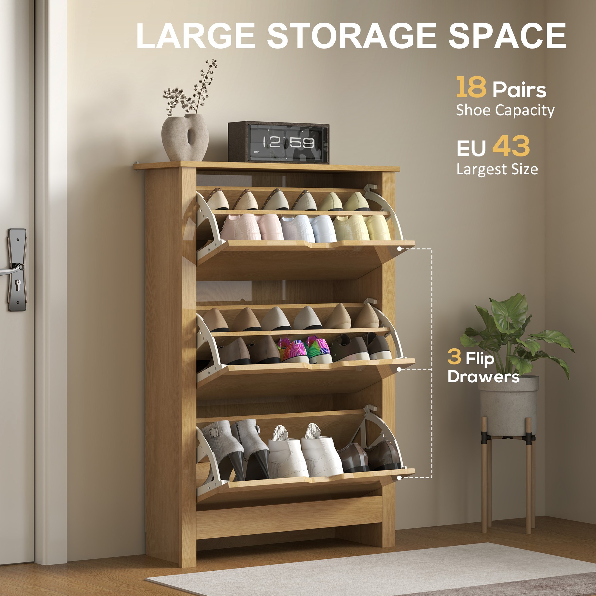 HOMCOM Slim Shoe Cabinet, Narrow Shoe Cupboard with 3 Drawers, Adjustable Shelves for 18 Pairs of Shoes, Natural Wood Finish - image 4