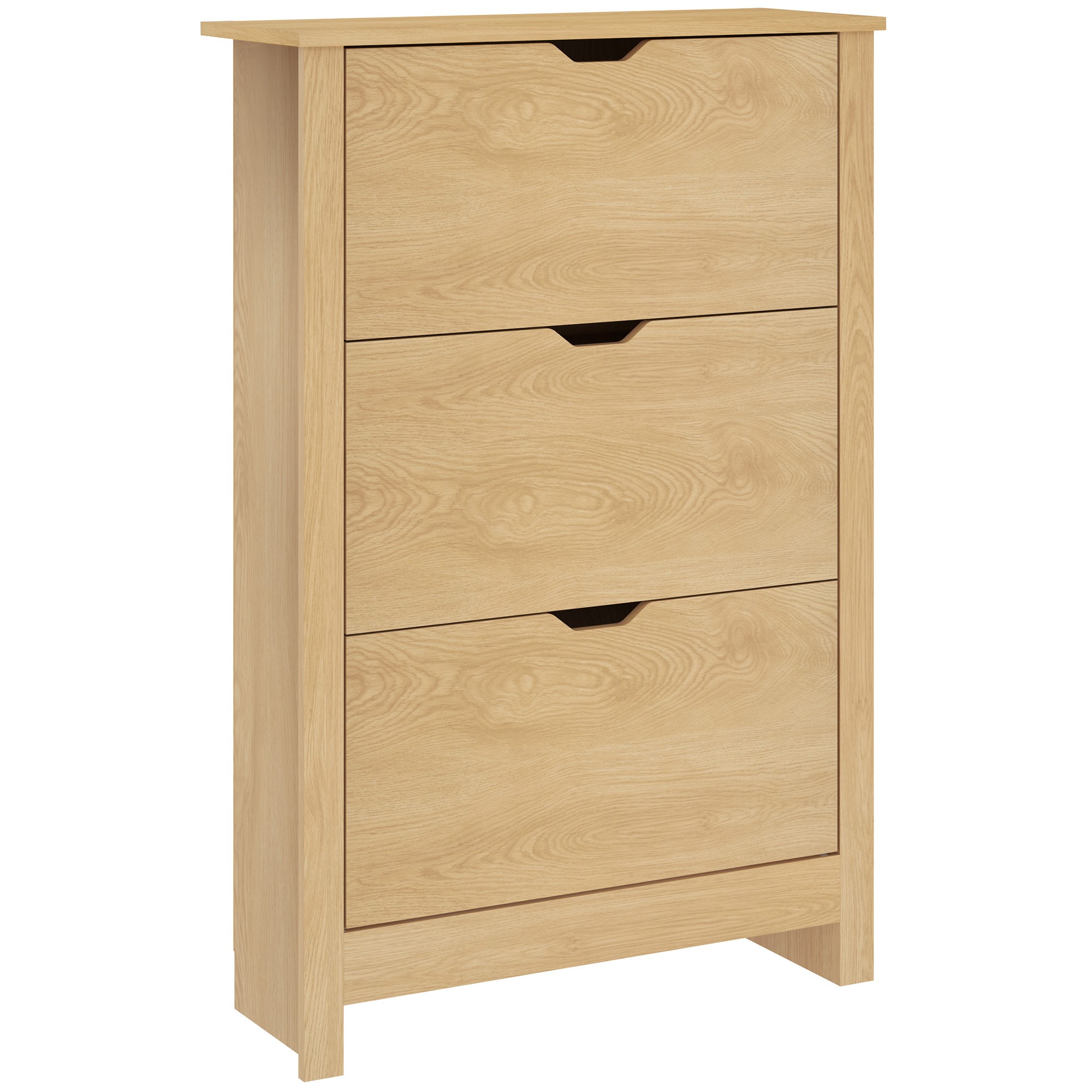 Slim shoe cabinet in natural wood finish with three drawers and adjustable shelves, designed to hold up to 18 pairs of shoes.