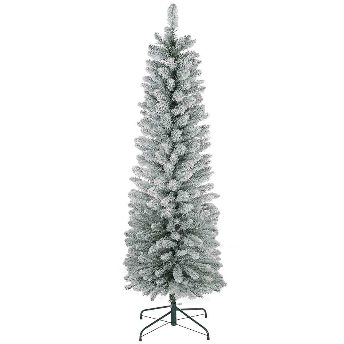 6ft artificial pencil Christmas tree in white with a snowy finish, featuring a sturdy green metal base and slim design for space-saving holiday decor.