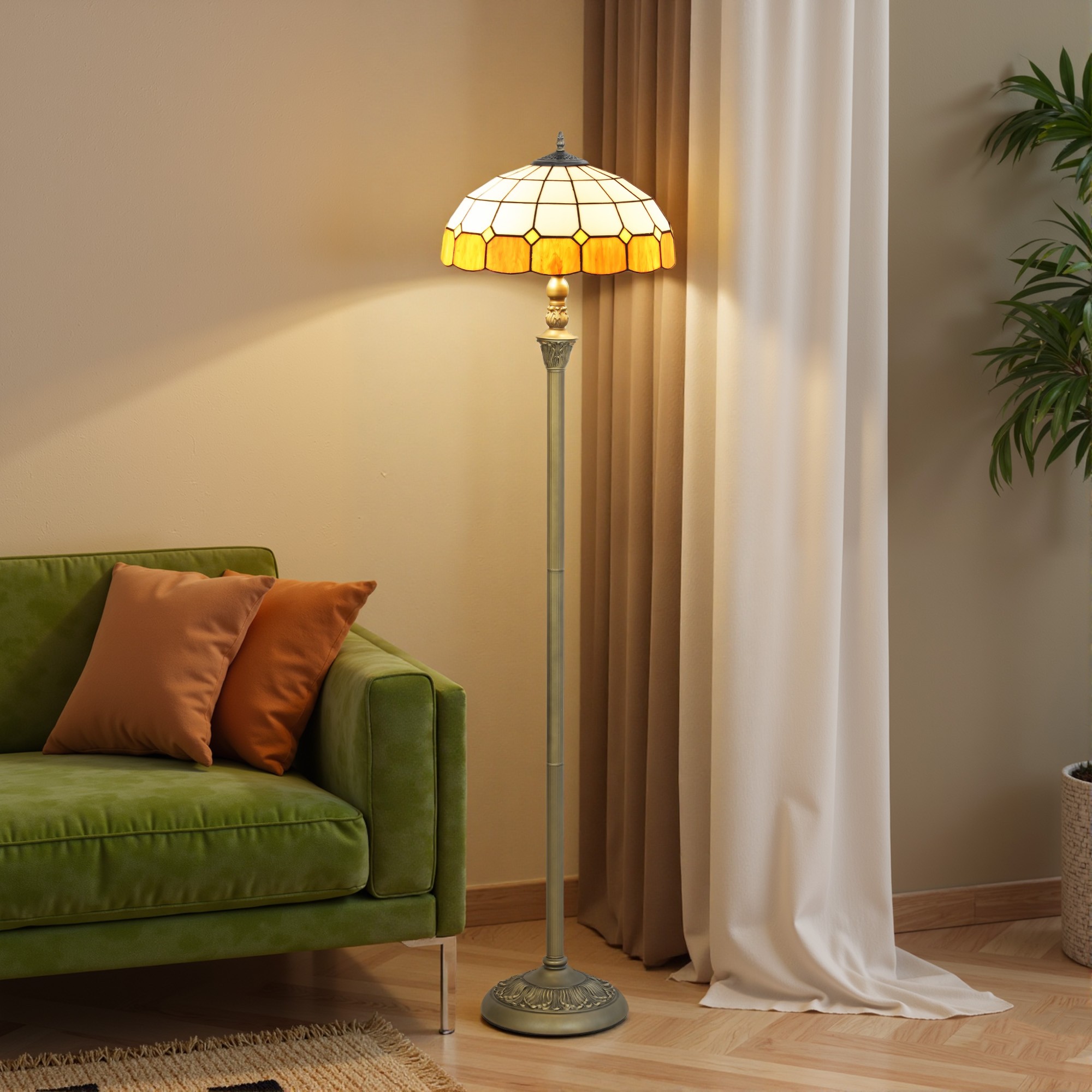 HOMCOM Tiffany-Style Floor Lamp with Handcrafted Stained Glass Shade, 152cm Tall Vintage Standing Lamp with Foot Switch and Dual Sockets for Living Room Bedroom, Bronze Tone and Orange - image 2