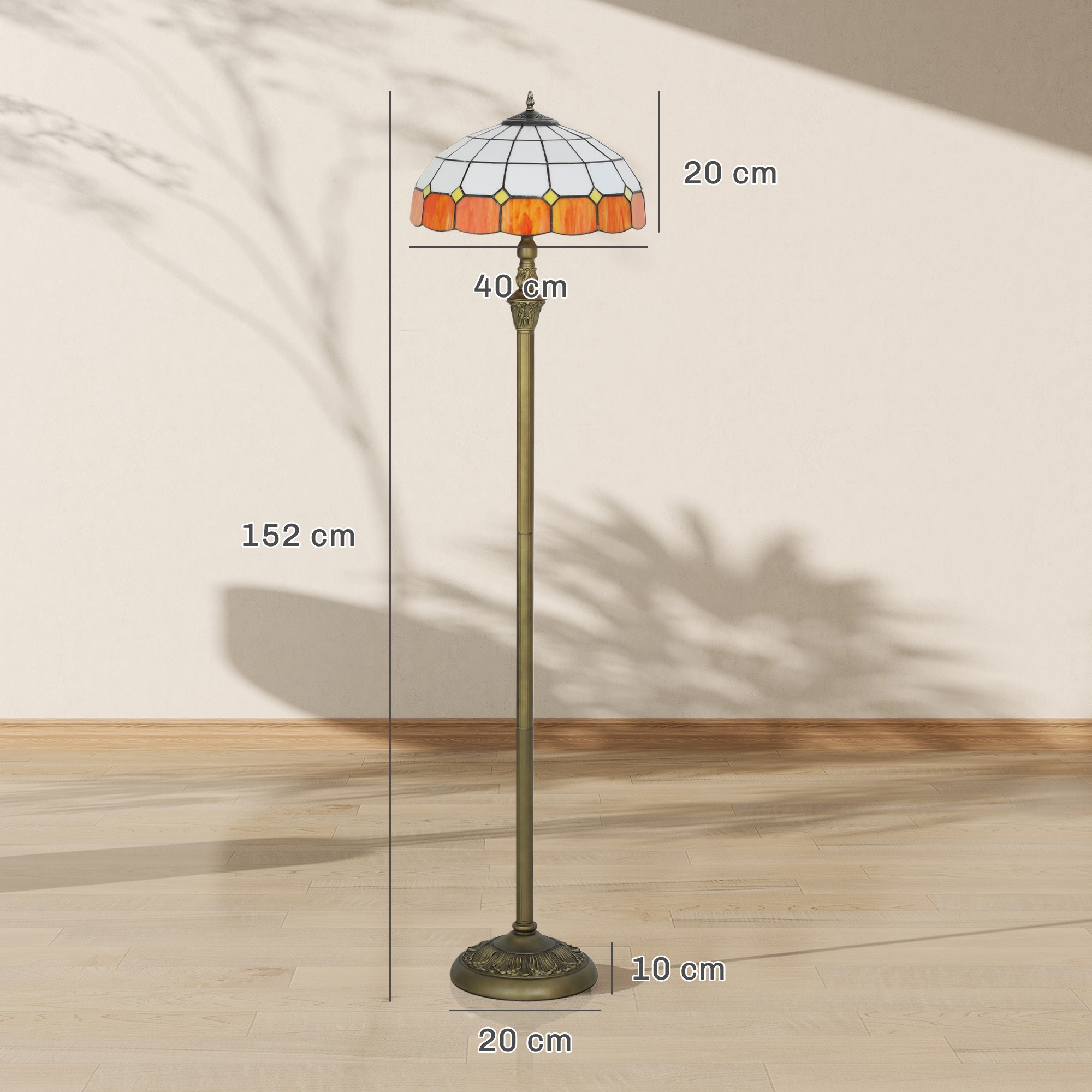 HOMCOM Tiffany-Style Floor Lamp with Handcrafted Stained Glass Shade, 152cm Tall Vintage Standing Lamp with Foot Switch and Dual Sockets for Living Room Bedroom, Bronze Tone and Orange - image 3