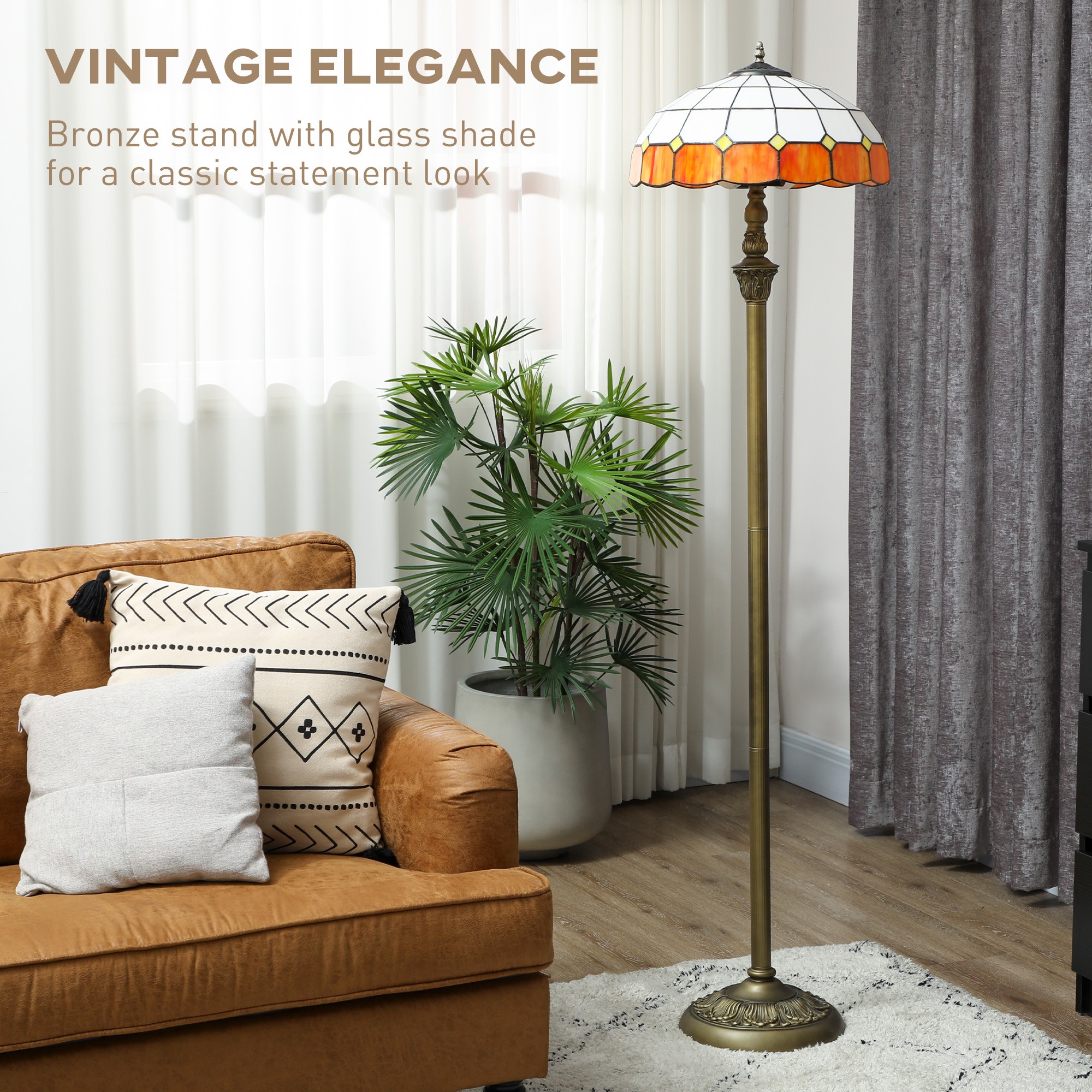 HOMCOM Tiffany-Style Floor Lamp with Handcrafted Stained Glass Shade, 152cm Tall Vintage Standing Lamp with Foot Switch and Dual Sockets for Living Room Bedroom, Bronze Tone and Orange - image 4