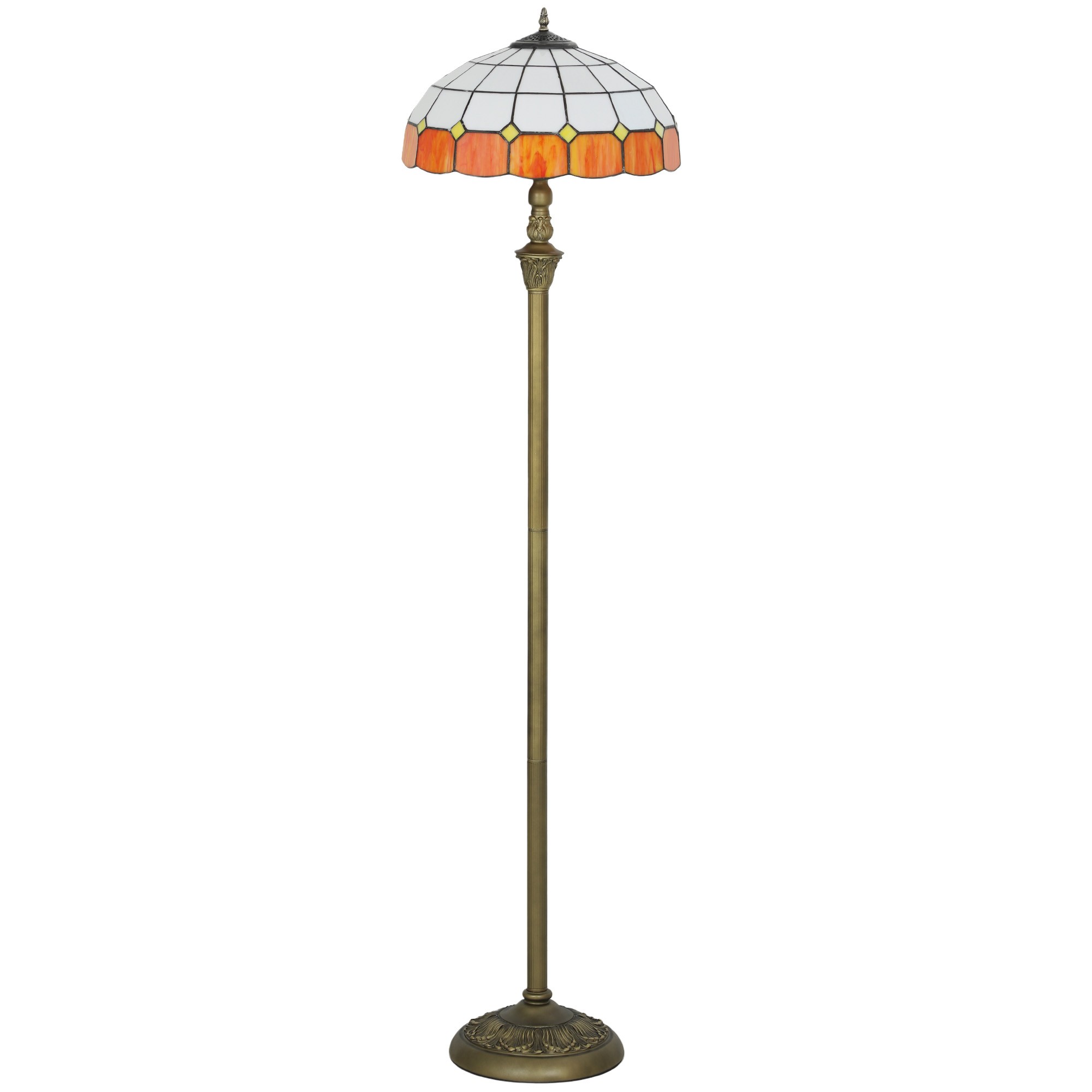 Tall vintage floor lamp featuring a handcrafted stained glass shade with white and orange patterns, an ornate bronze base, and a foot switch for easy operation.