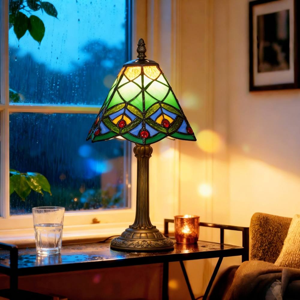 Handcrafted Tiffany-style bedside lamp featuring a green stained glass shade with intricate patterns, a decorative bronze base, and a warm ambient glow in a cozy setting.