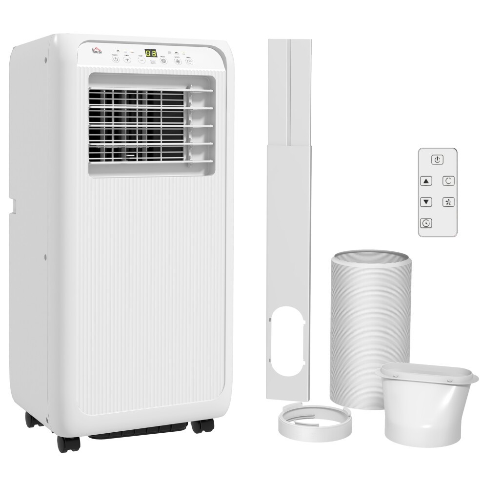 White Homcom 9000 BTU mobile air conditioner with a digital display, control panel, remote, exhaust hose, and accessories, designed for rooms up to 20 square meters.