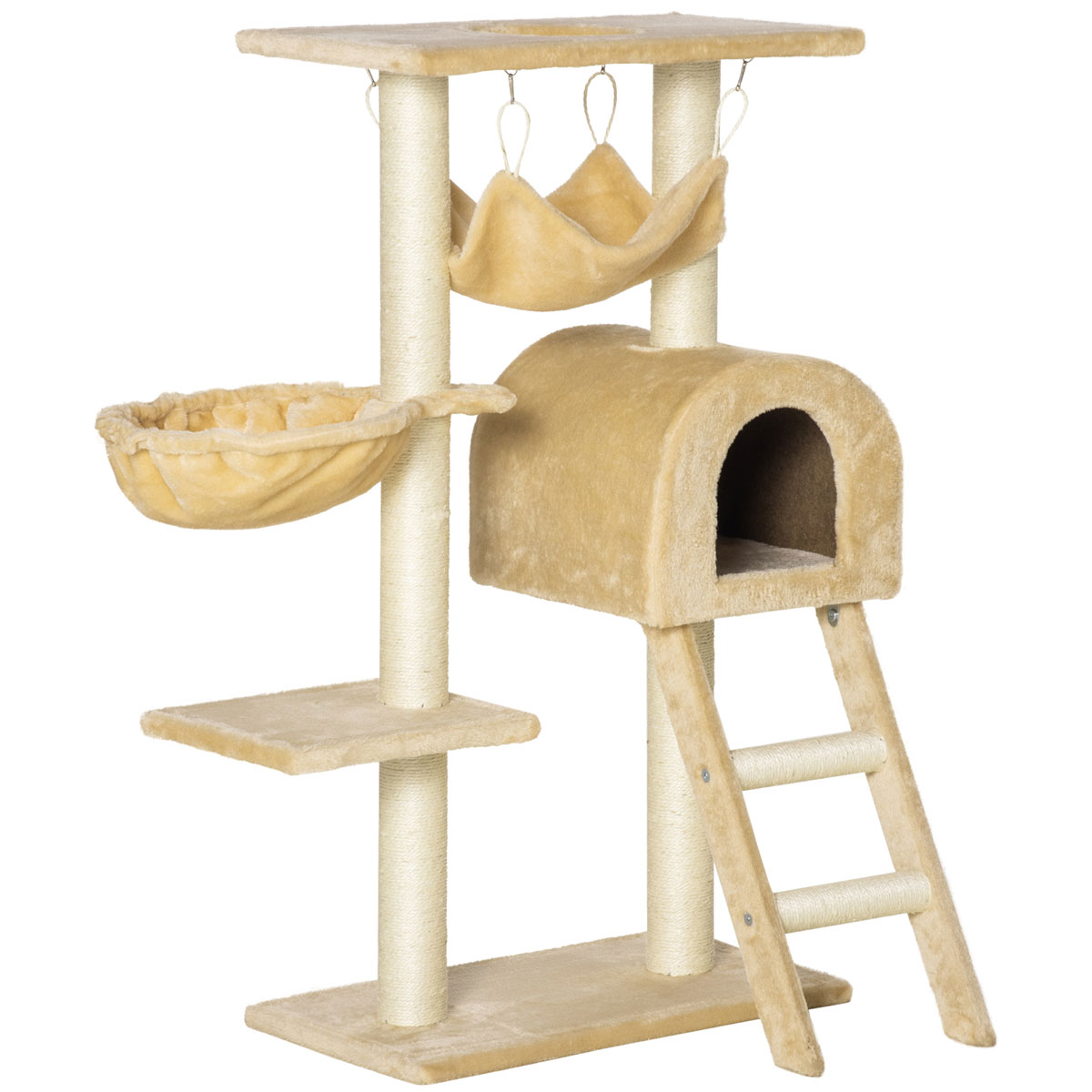 Cream-colored cat tree featuring a scratching post, two hammocks, a cozy house bed, and a small ladder, all made from soft fabric and sturdy posts.
