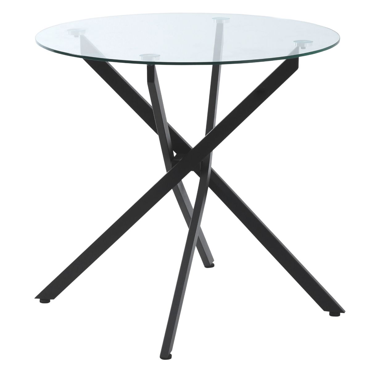 Round side table featuring a clear tempered glass top supported by sleek black metal legs in an X-shaped design.