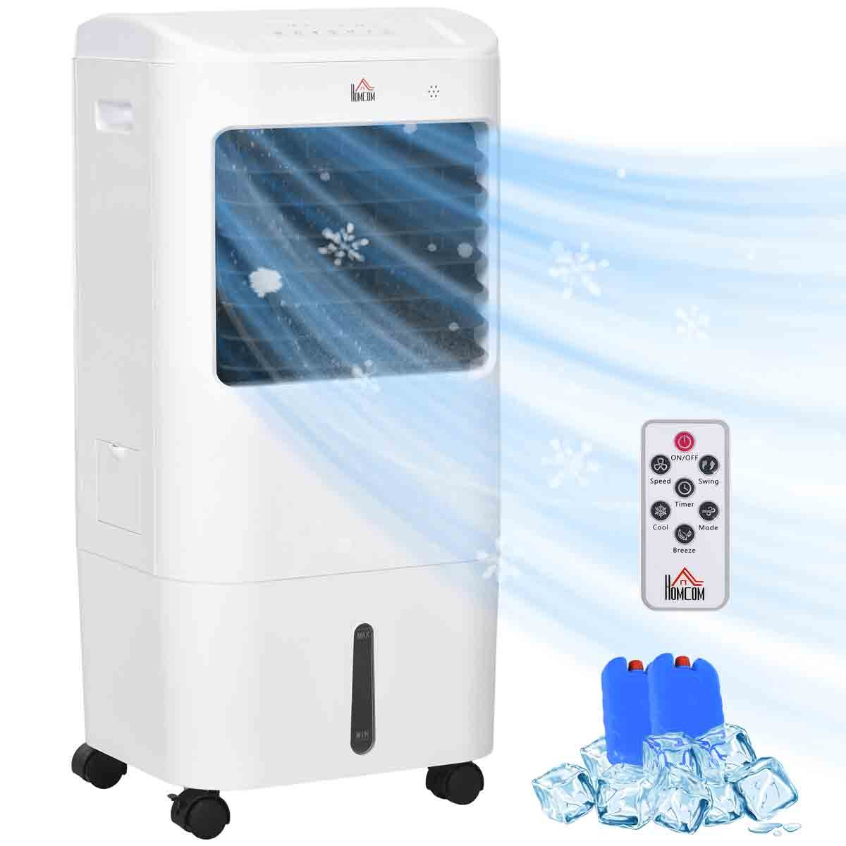 Portable white air cooler with humidifier features a front grid for airflow, remote control, oscillation capability, and includes blue ice packs for enhanced cooling.