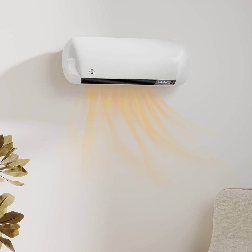 White ceramic electric heater mounted on a wall, featuring a sleek design, digital display, and fan function, with warm air flowing outward.