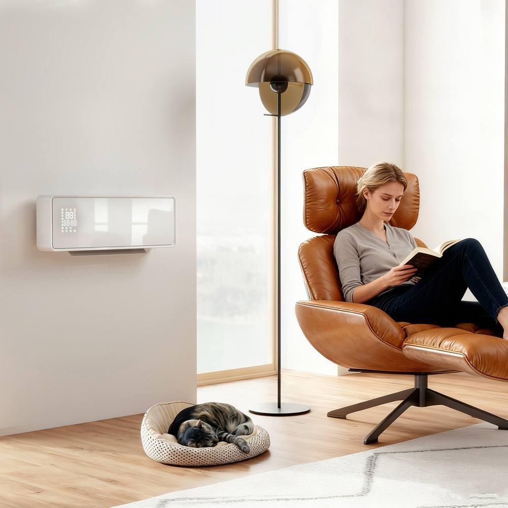 White wall-mounted Homcom 2000W space heater with a ceramic finish, featuring a digital display, positioned near a cozy reading area with a brown leather chair and a sleeping dog.