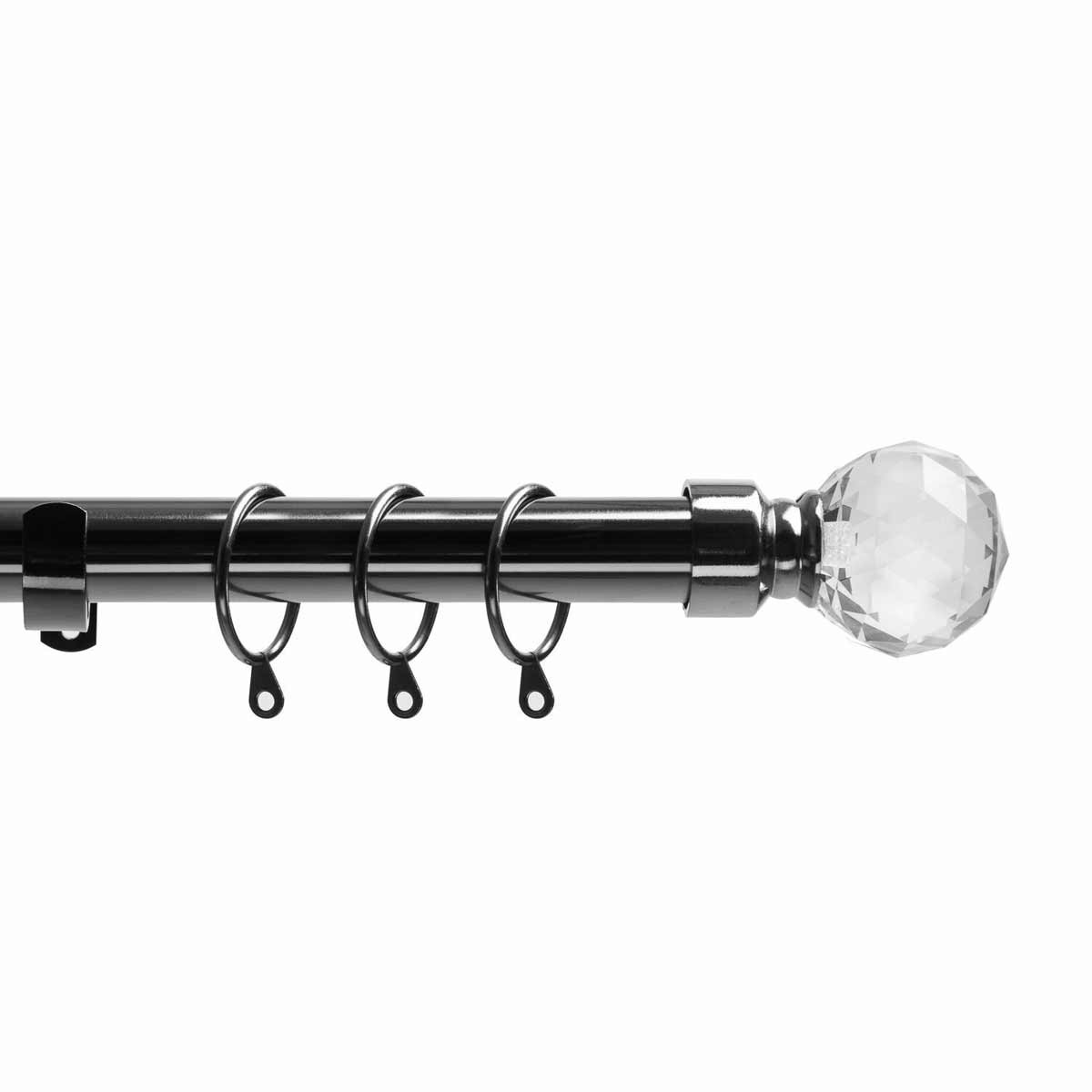 Extendable black nickel curtain pole set featuring a crystal finial, adjustable length from 40cm to 218cm, with metal rings for easy curtain hanging.
