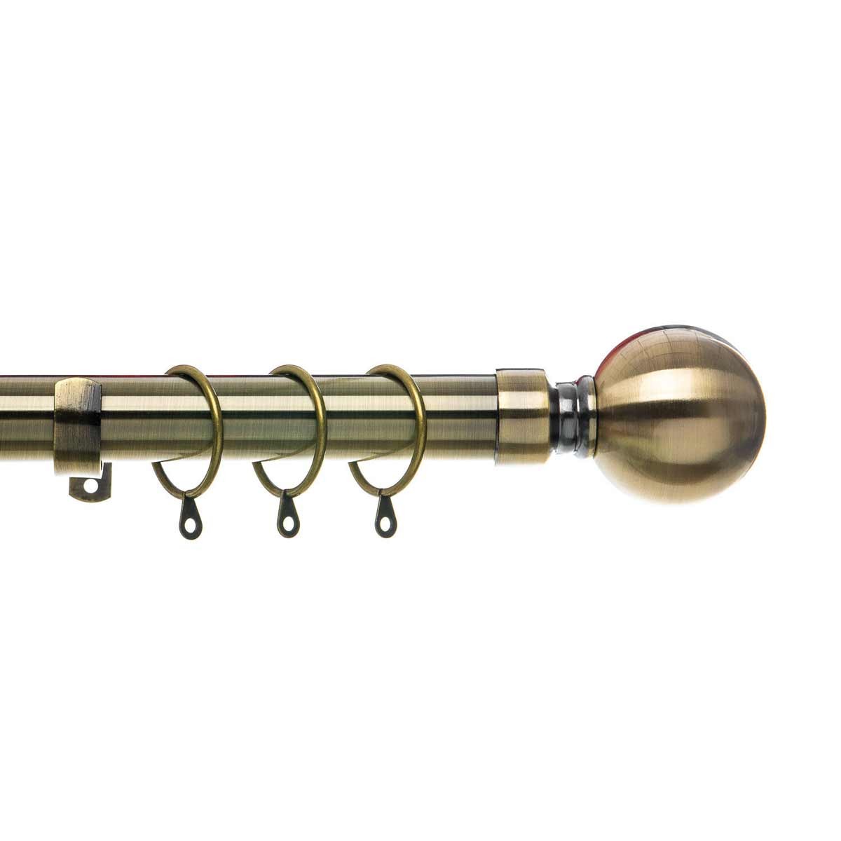 Extendable brass curtain pole set in gold, featuring a round finial and three metal rings, adjustable from 40cm to 218cm for versatile window treatments.