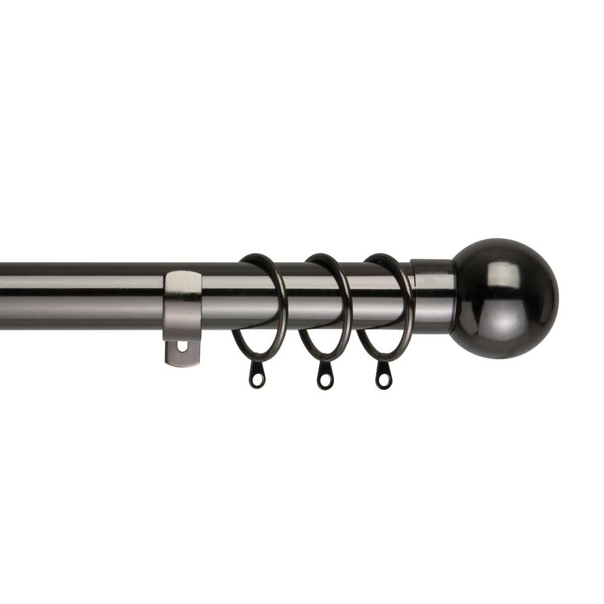 Extendable black nickel curtain pole set featuring a round finial, measuring from 40cm to 325cm, with metal rings for easy curtain hanging.
